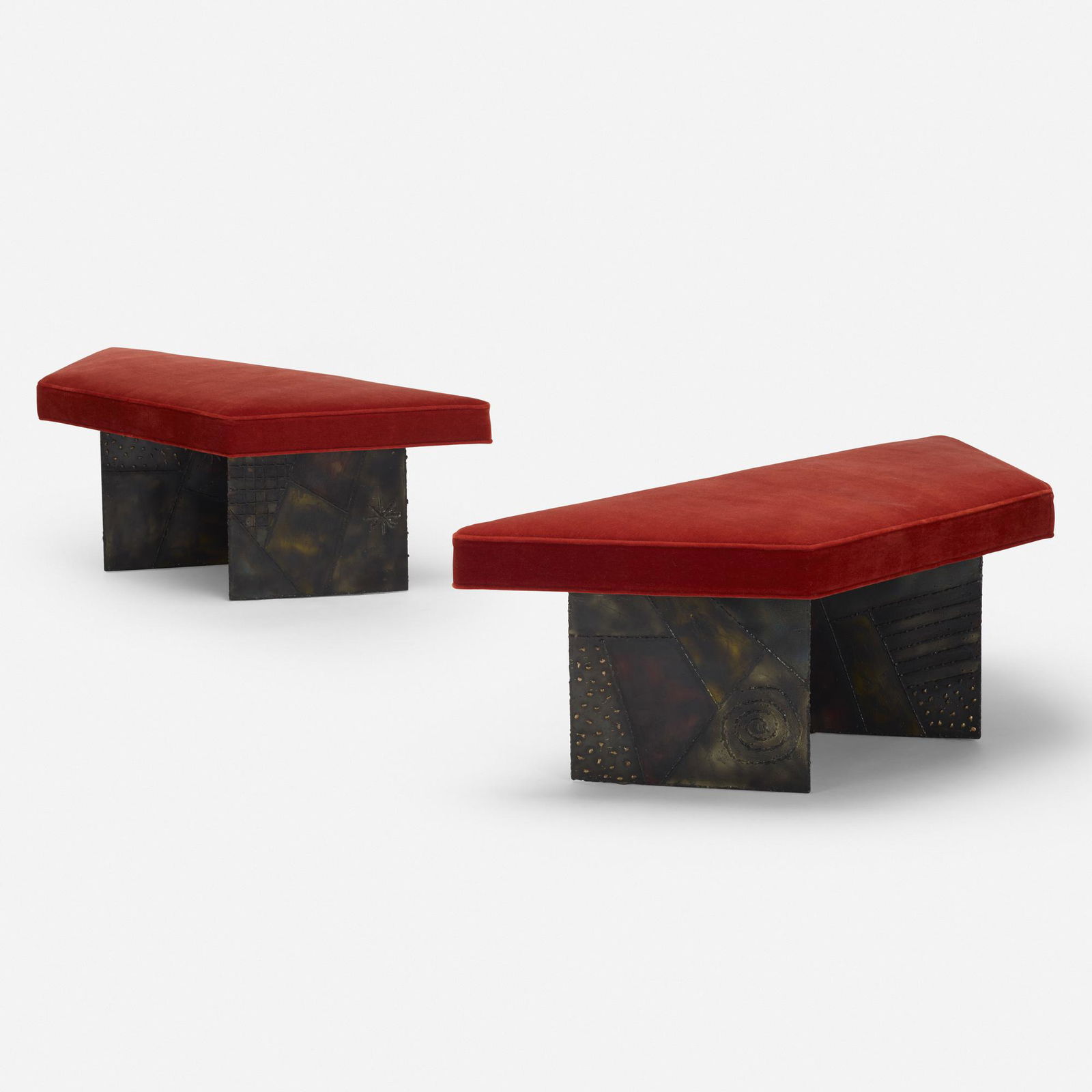 Paul Evans, benches, pair: Paul Evans benches, pair USA, c. 1965welded and enameled steel, velvet upholstery19 h × 54 w × 22 d in (48 × 137 × 56 cm) These PE 11 coffee table bases were later adapted