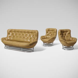 Airborne International, Sopho sofa and pair of lounge: Airborne International Sopho sofa and pair of lounge chairs France, c. 1970chromium-plated steel, fiberglass, leather38.5 h × 79 w × 38 d in (98 × 201 × 97 cm) Lounge chai