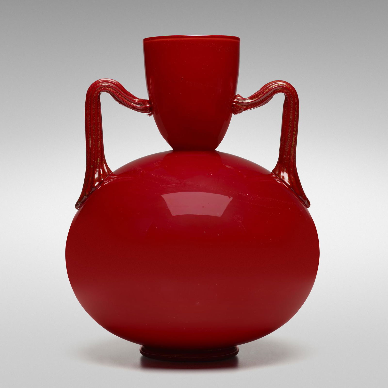 Giuseppe Chiacigh, Vetro Rosso vase: Giuseppe Chiacigh Vetro Rosso vase Vetreria C. MaschioItaly, c. 1933incamiciato glass with applied details9.75 dia × 12.5 h in (25 × 32 cm) Provenance: Private