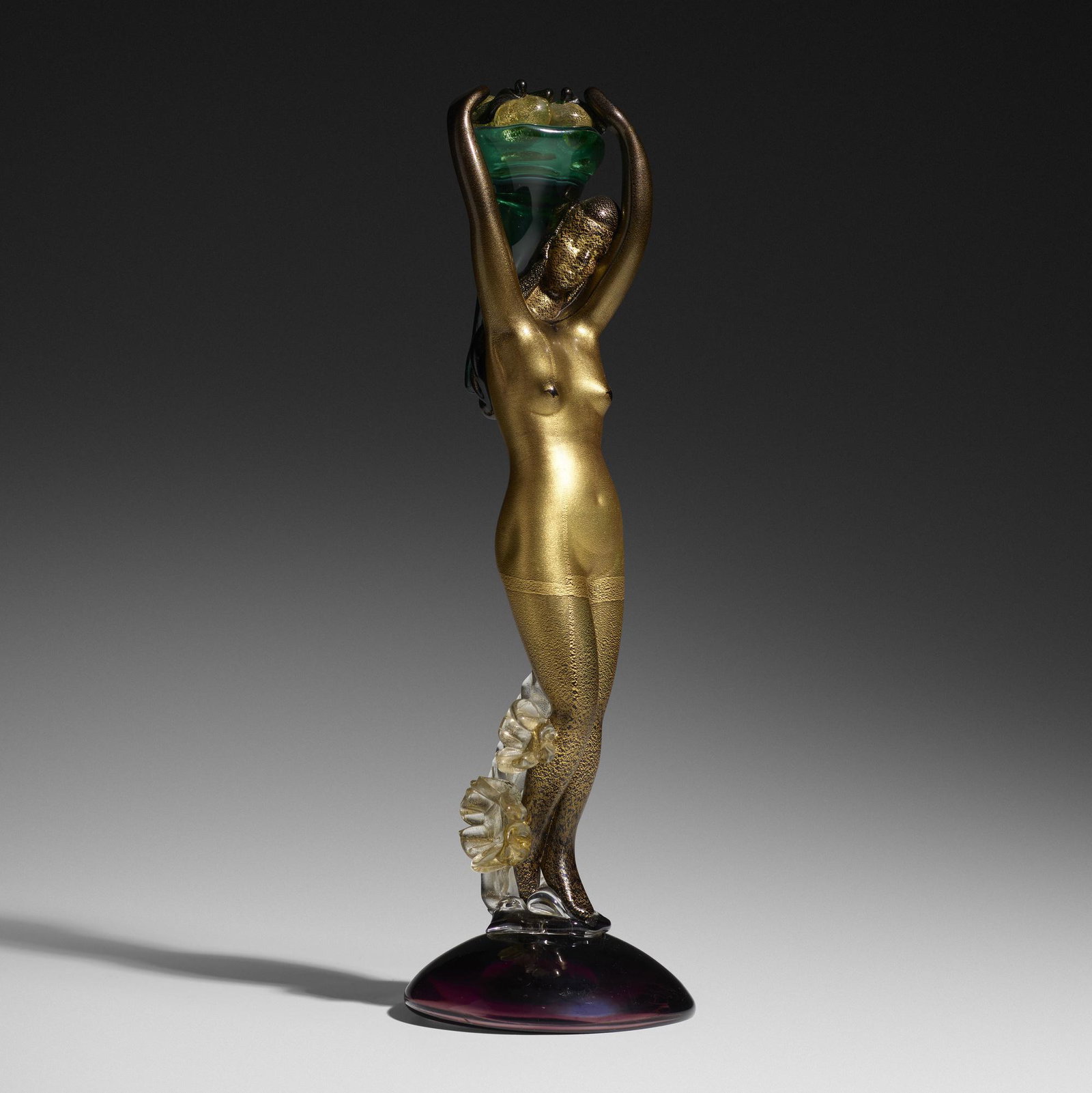 Alfredo Barbini, Female figure: Alfredo Barbini Female figure Italy, c. 1952 glass with applied details and gold leaf 4.25 dia × 13.75 h in (11 × 35 cm) Incised signature to underside 'Alfredo Barbini'.