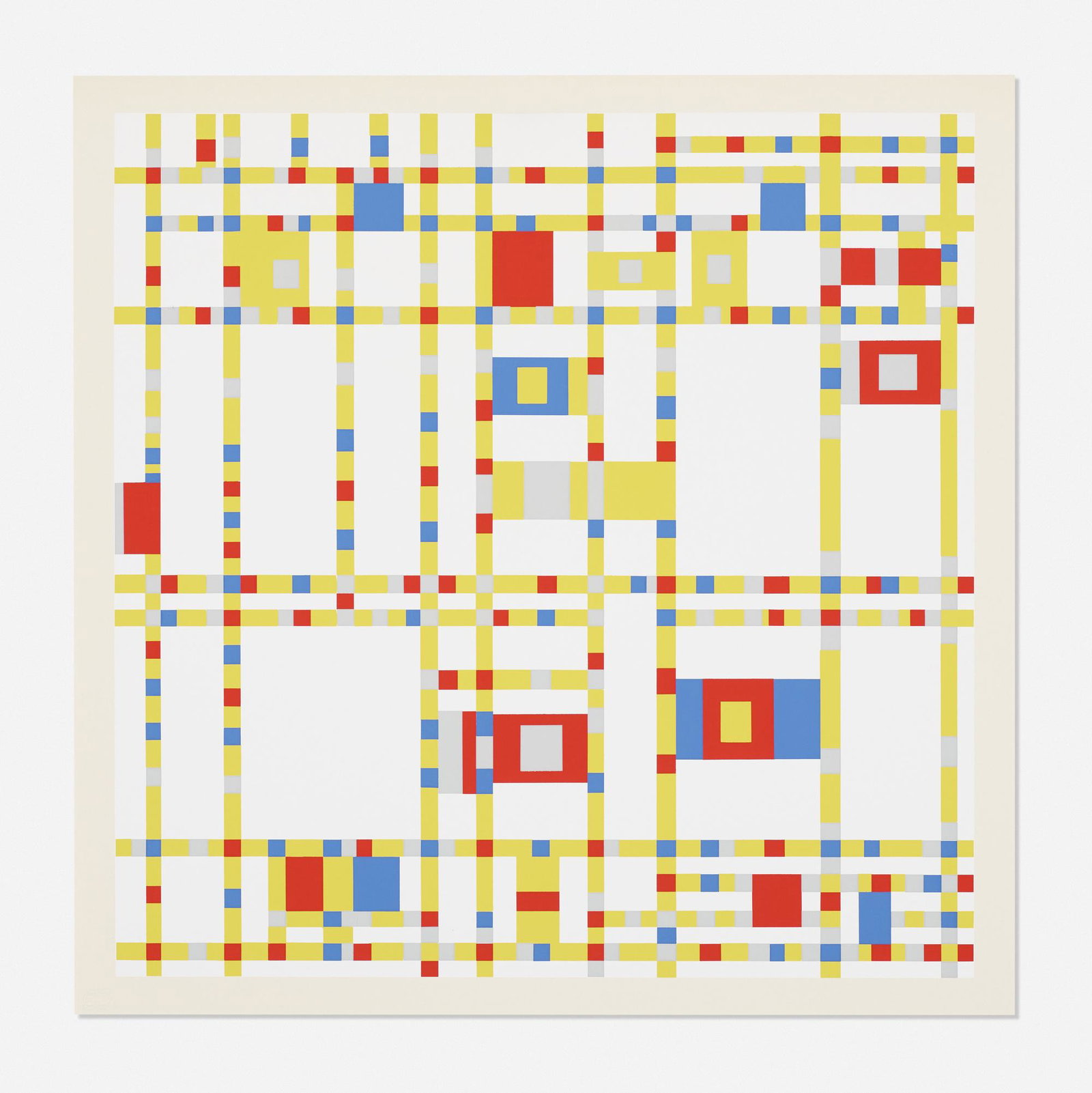 After Piet Mondrian, Broadway Boogie Woogie: After Piet Mondrian Broadway Boogie Woogie from A Portfolio of Ten Paintings 1967 screenprint in colors 17 h × 17 w in (43 × 43 cm) This work is number 140 from the edition of 150 print