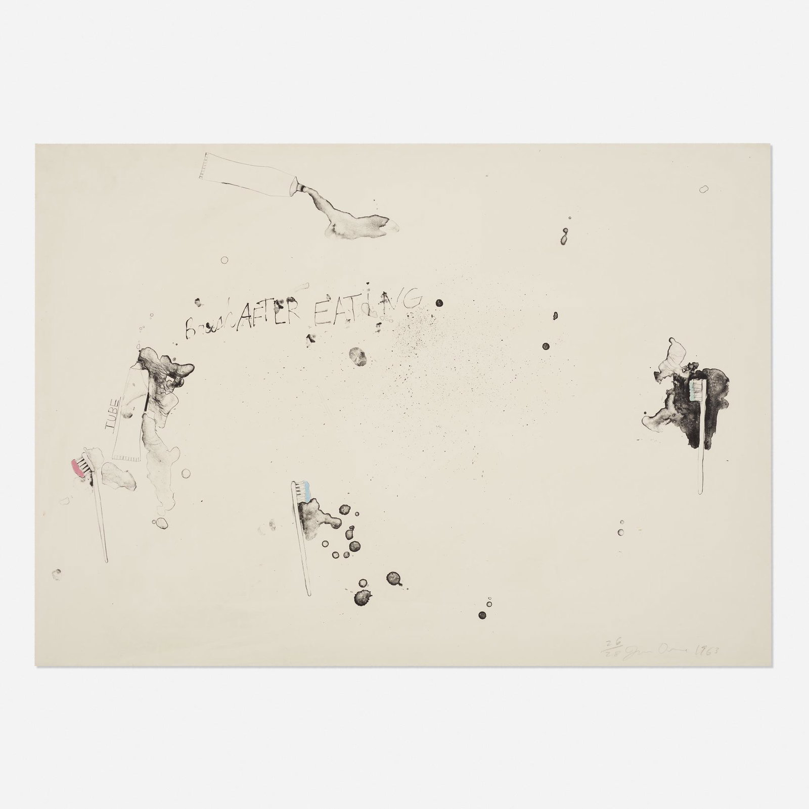 Jim Dine, Brush After Eating: Jim Dine Brush After Eating 1963 lithograph 30 h × 42.5 w in (76 × 108 cm) Signed, dated and numbered to lower right '26/28 Jim Dine 1963'. This work is number 26 from the edition of 28
