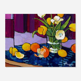 Angus Wilson, Small Study of Lemons with Tulips: Angus Wilson Small Study of Lemons with Tulips c. 2015acrylic on board12 h × 16 w in (30 × 41 cm) Signed to lower right 'Angus'. This item will be collected from W