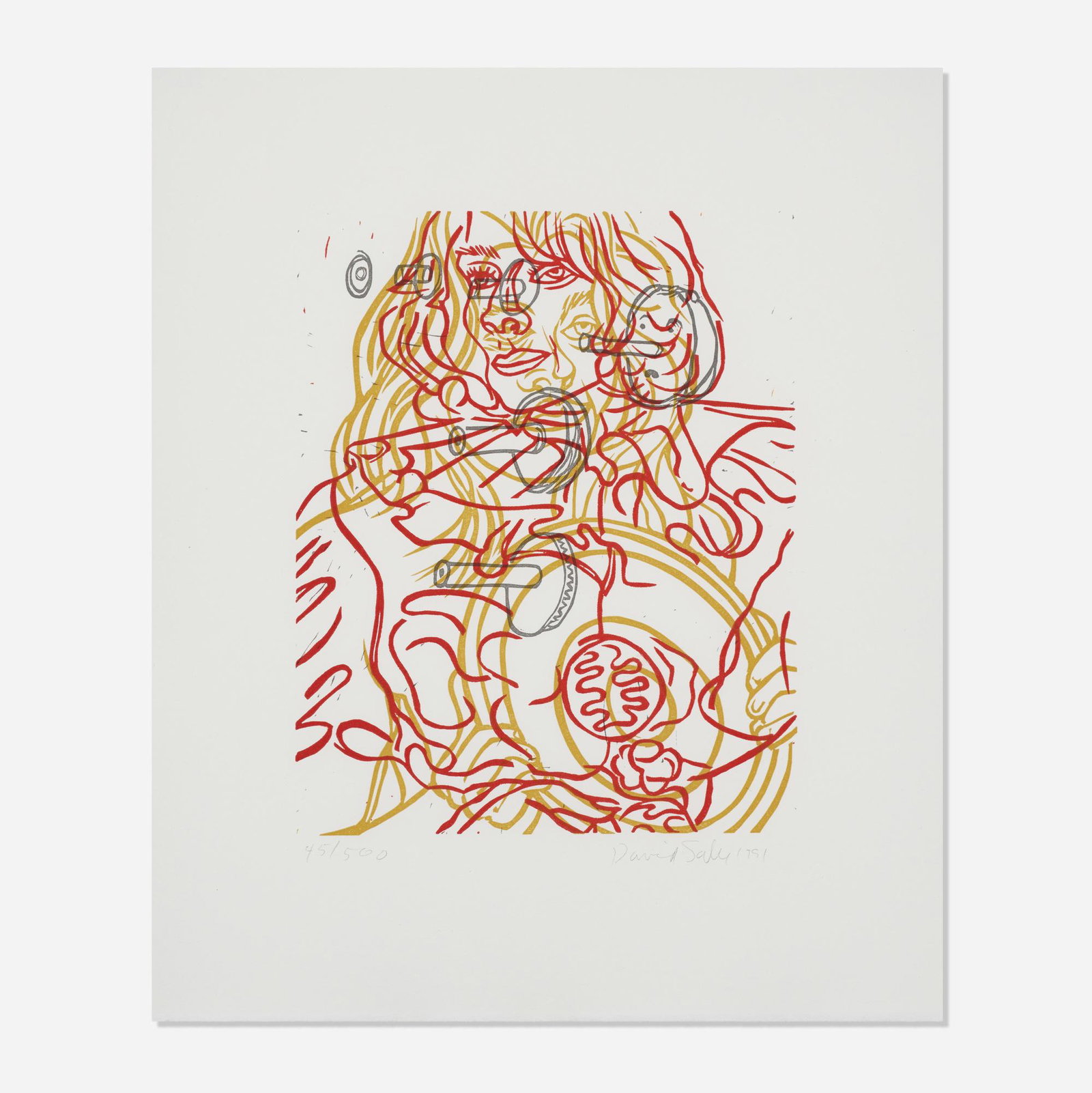 David Salle, Untitled (for Film Forum): David Salle Untitled (for Film Forum) 1991 linocut in colors on Hahnemuhle paper 9.75 h × 8 w in (25 × 20 cm) Sheet measures: 15.5 h x 13 w inches. Signed, dated and numbered to lo