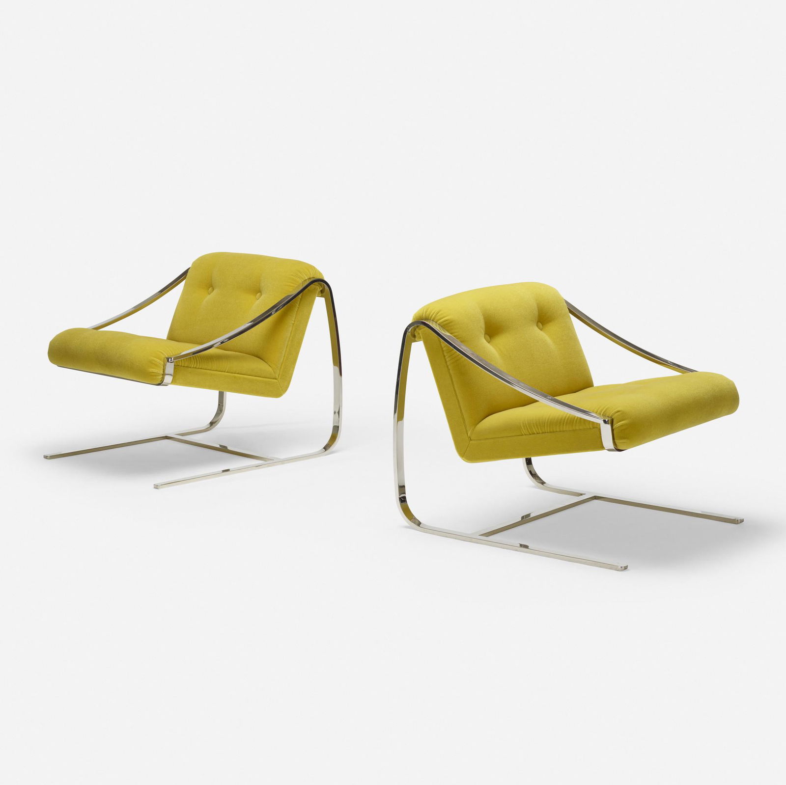 Charles Gibilterra, Plaza lounge chairs, pair: Charles Gibilterra Plaza lounge chairs, pair BruetonUSA, c. 1975mirror polished stainless steel, velvet upholstery30 h × 30 w × 36 d in (76 × 76 × 91 cm) Paper manuf