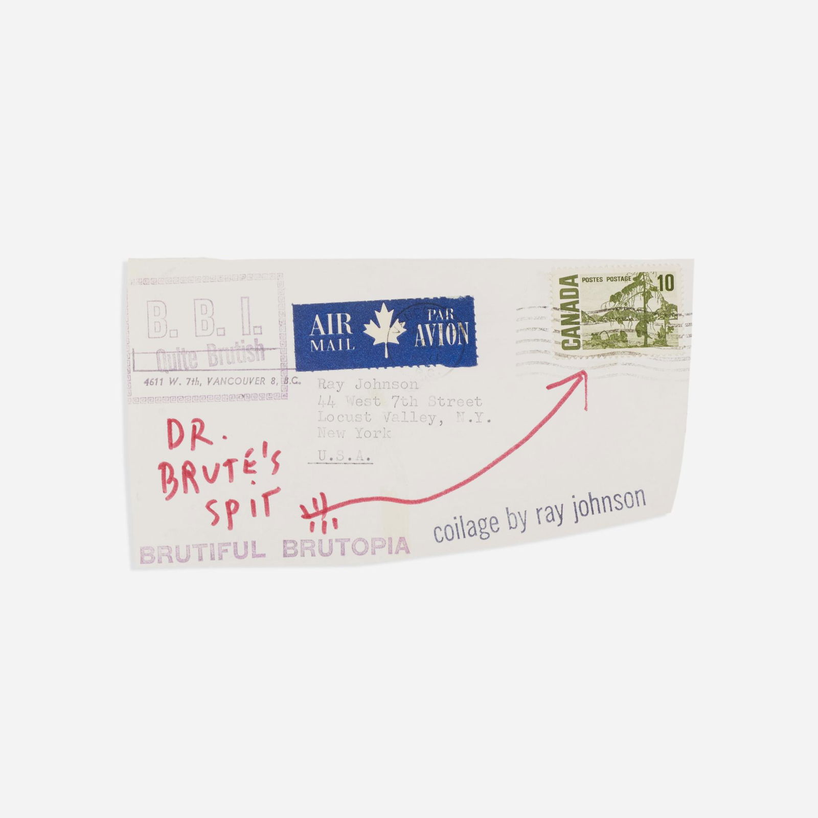 Ray Johnson, Untitled (Dr. Brute's Spit): Ray Johnson Untitled (Dr. Brute's Spit) c. 1972ink on paper3.25 h × 6.25 w in (8 × 16 cm) Stamped signature to envelope 'Ray Johnson'. Stamped signature and inscription to collage 'Co