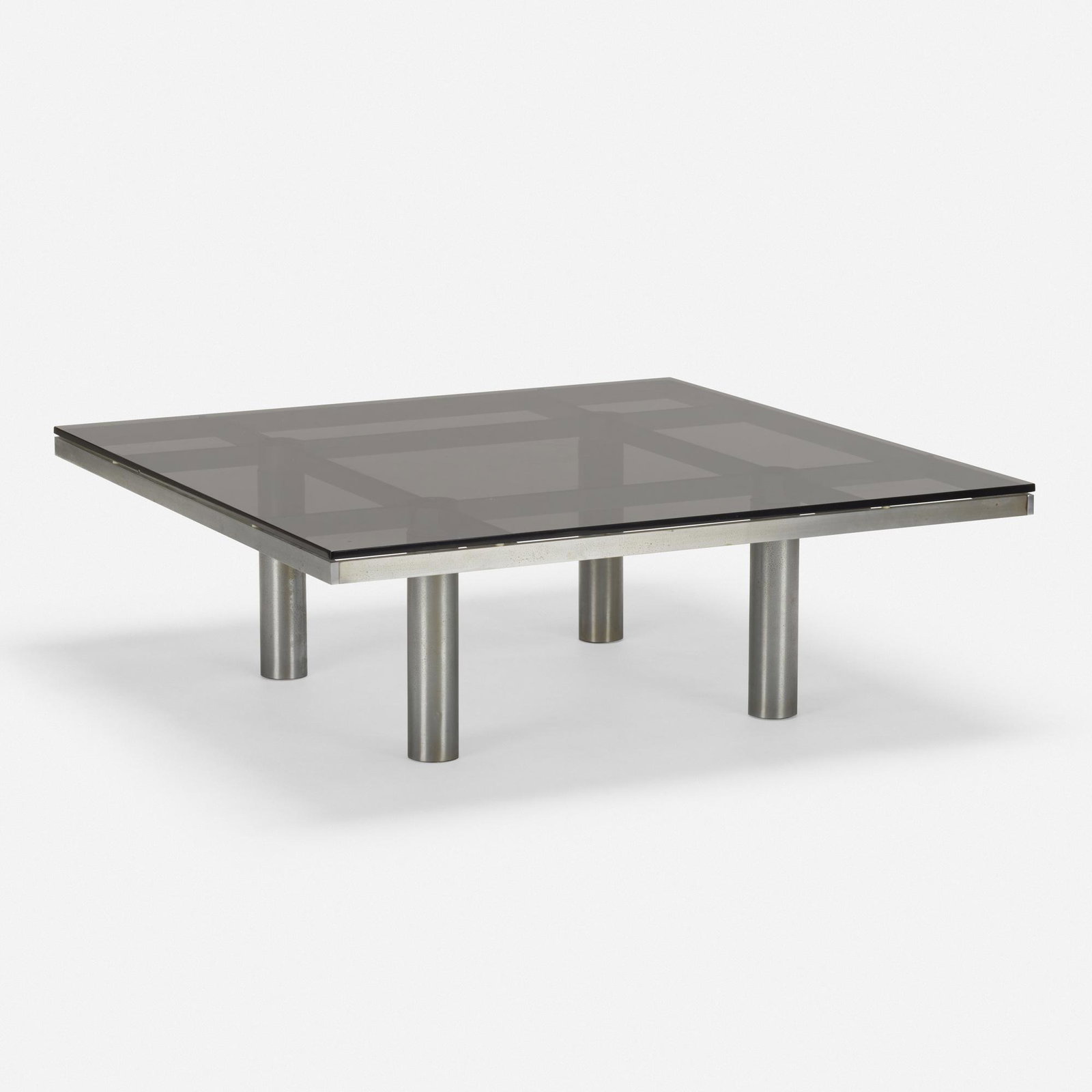 Tobia Scarpa, Andre coffee table: Tobia Scarpa Andre coffee table Knoll International Italy / USA, 1967 chrome-plated steel, smoked glass 15.25 h × 45 w × 45 d in (39 × 114 × 114 cm) Literature: