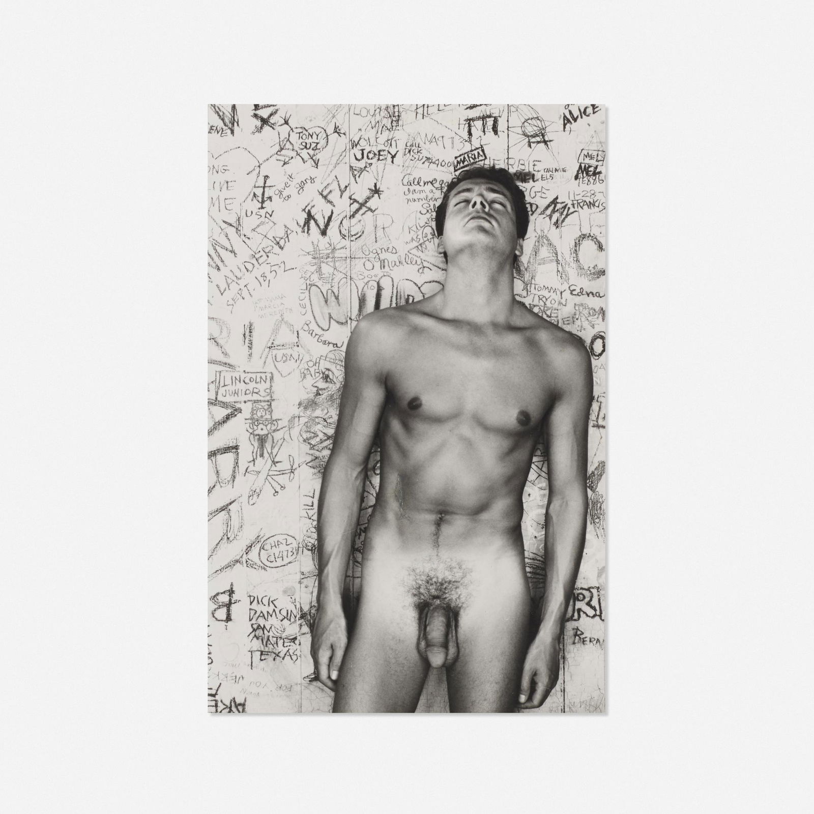 George Platt Lynes, Untitled (Nude with Graffiti): George Platt Lynes Untitled (Nude with Graffiti) 1954gelatin silver print9 h × 5.875 w in (23 × 15 cm) The background for this photograph was done by painter Bernard Perlin, who was c