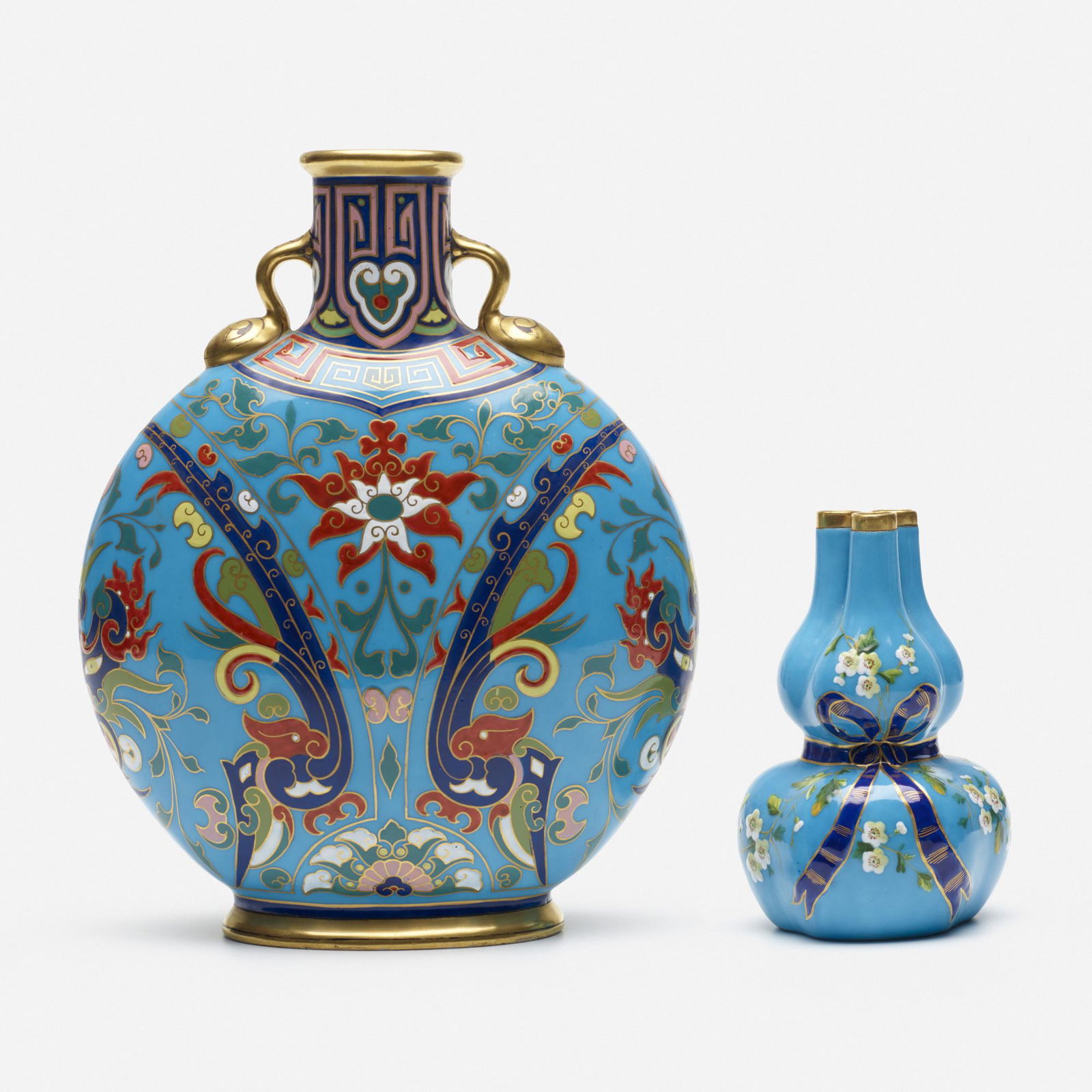 Christopher Dresser, attribution, Moon flask and vase: Christopher Dresser, attribution Moon flask and vase MintonUnited Kingdom, 1872enameled and gold enameled bone china10.25 h × 8 w × 3.75 d in (26 × 20 × 10 cm) Vase