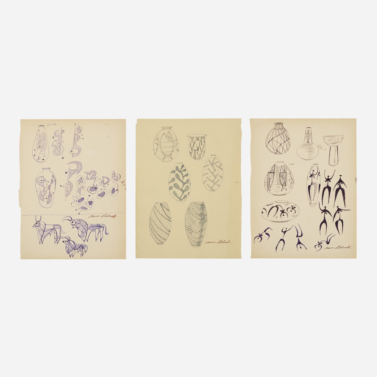 Aaron Bohrod, Untitled (three works): Aaron Bohrod Untitled (three works) c. 1965ink on paper12.5 h × 9.5 w in (32 × 24 cm) Works are double-sided. Signed to lower right of each work 'Aaron Bohrod'. Provena