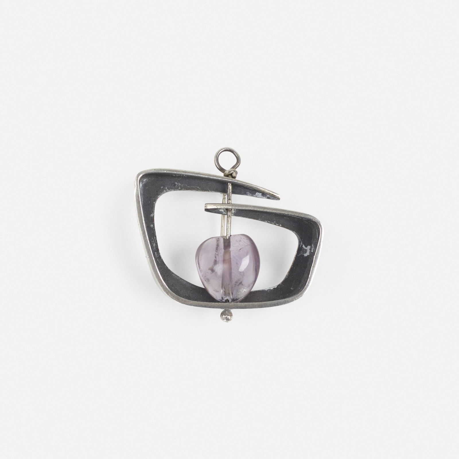 Ed Wiener, brooch: Ed Wiener brooch USA, c. 1950sterling silver, amethyst1.5 h × 1.75 w × .5 d in (4 × 4 × 1 cm) Impressed signature to reverse 'Ed Wiener Sterling'. This work can also be wo