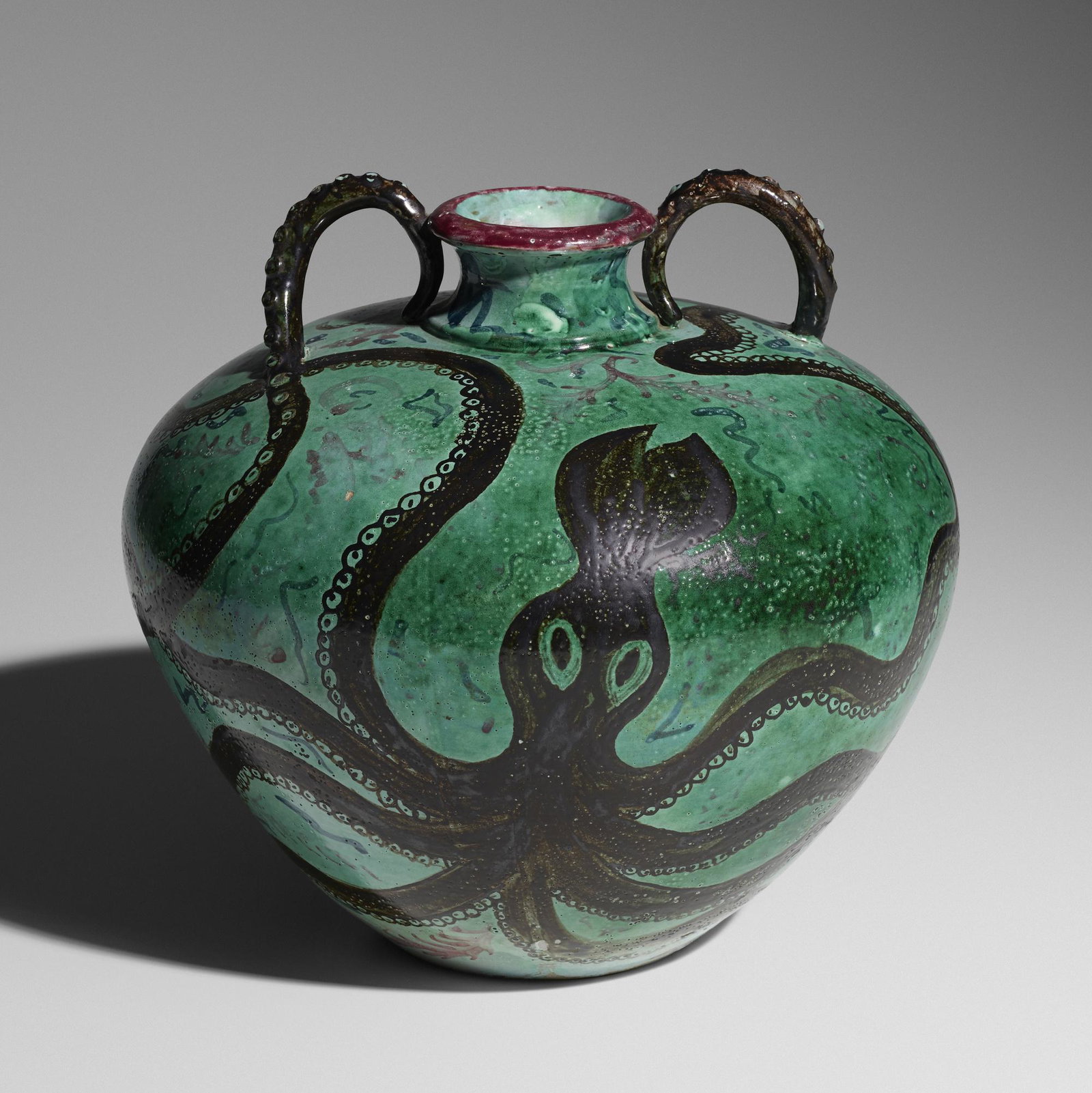 Italian, Octopus vase: Italian Octopus vase c. 1950 glazed stoneware 10.5 h × 11 dia in (27 × 28 cm) Provenance: Collection of Mark Isaacson and Greg Nacozy
