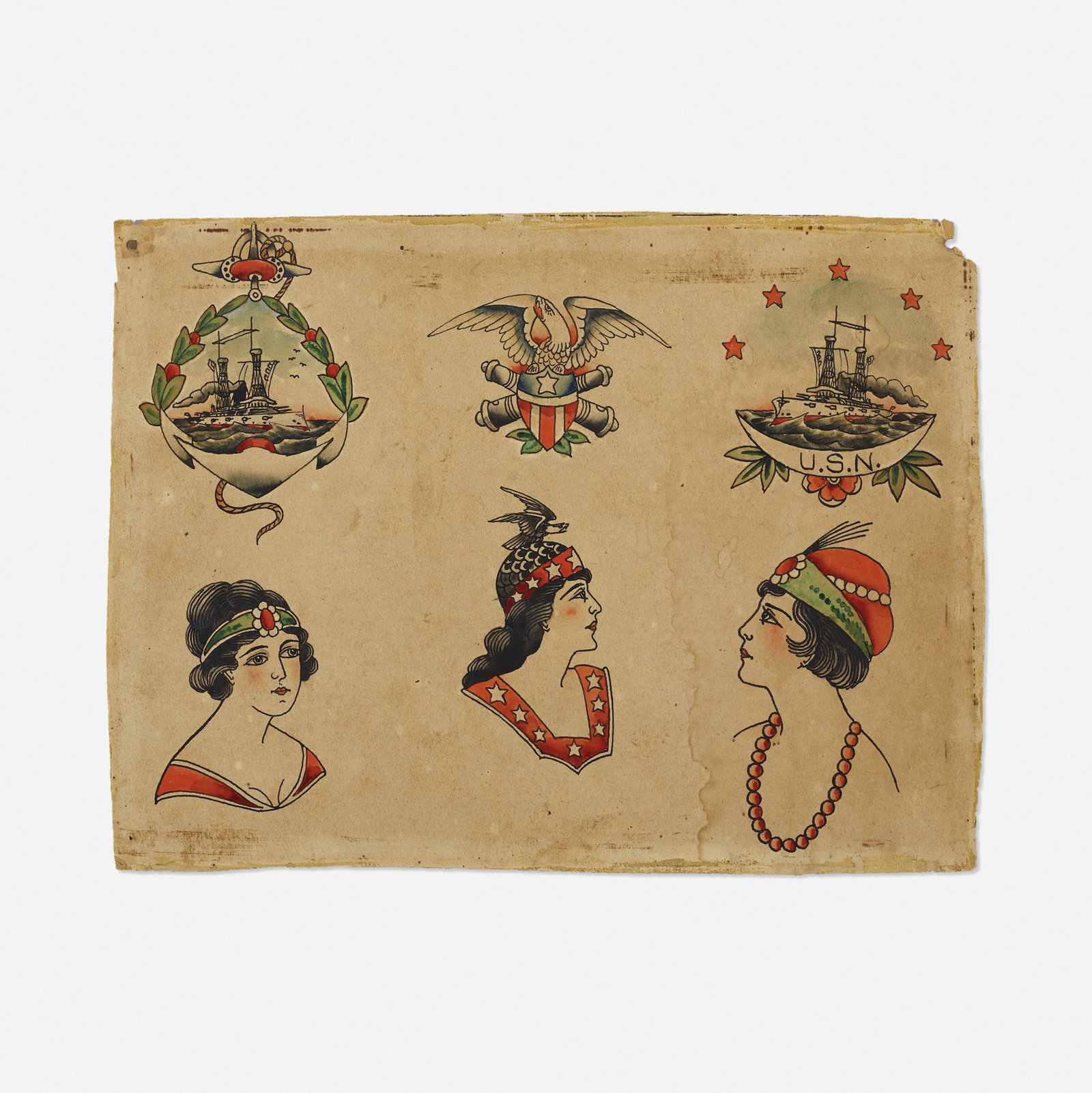 American, tattoo flash art: American tattoo flash art c. 1930 ink and watercolor on pressboard 9.5 h × 12.75 w in (24 × 32 cm) Numbered to verso '21-26'. Provenance: Collection of Mark Isaa