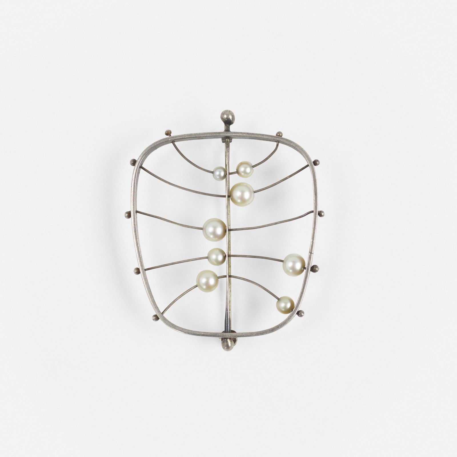 Ed Wiener, Abacus brooch: Ed Wiener Abacus brooch USA, c. 1950sterling silver, cultured pearls2 h × 1.75 w × .5 d in (5 × 4 × 1 cm) Provenance: Collection of Mark Isaacson and Greg