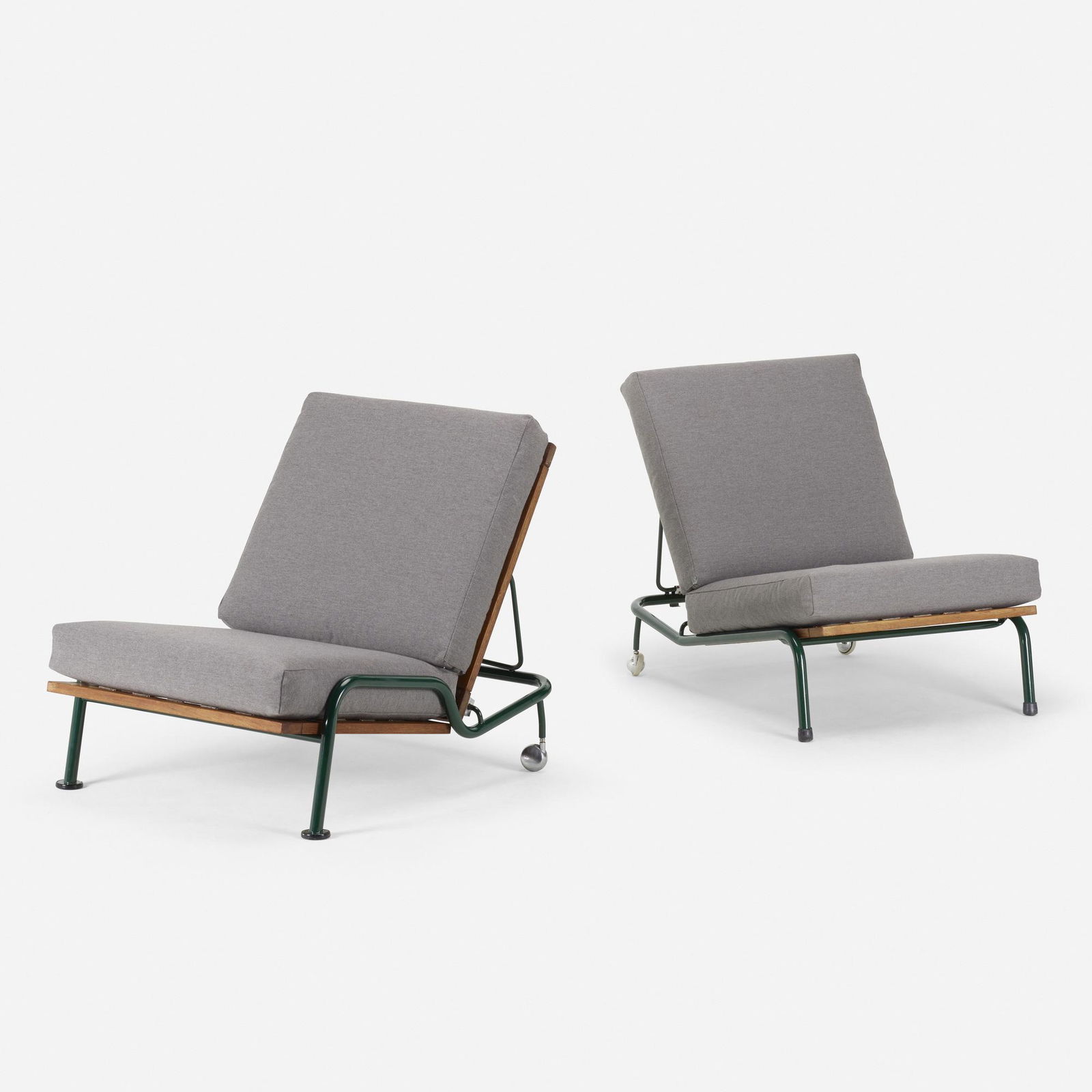 Hans J. Wegner, Rare lounge chairs model GE 441: Hans J. Wegner Rare lounge chairs model GE 441, set of two Getamac. 1975oak, enameled metal, upholstery, casters, plastic, webbing29.75 h × 29.25 w × 36 d in (76 × 74 × 91