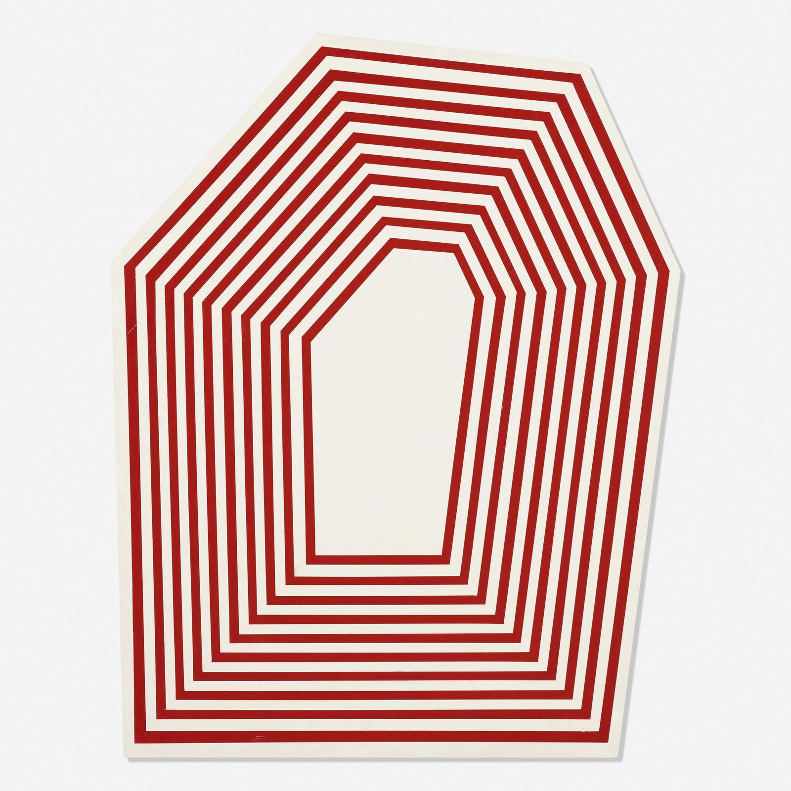 Barry McGee, Untitled (Hexagon Maroon Stripes): Barry McGee Untitled (Hexagon Maroon Stripes) 2012paint on wood panel23 h × 18.5 w in (58 × 47 cm) Sold with a digital copy of the invoice from Anglim Gilbert Gallery.