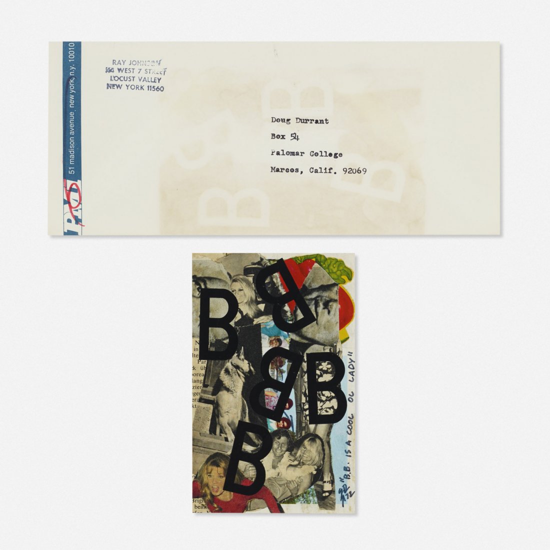Ray Johnson, Untitled (B.B. is a Cool Ol Lady): Ray Johnson Untitled (B.B. is a Cool Ol Lady) 1972collage on paper5.5 h × 3.5 w in (14 × 9 cm) Stamped signature to envelope 'Ray Johnson'. Stamped signature to verso 'Collage by Ray Johnson'. Si