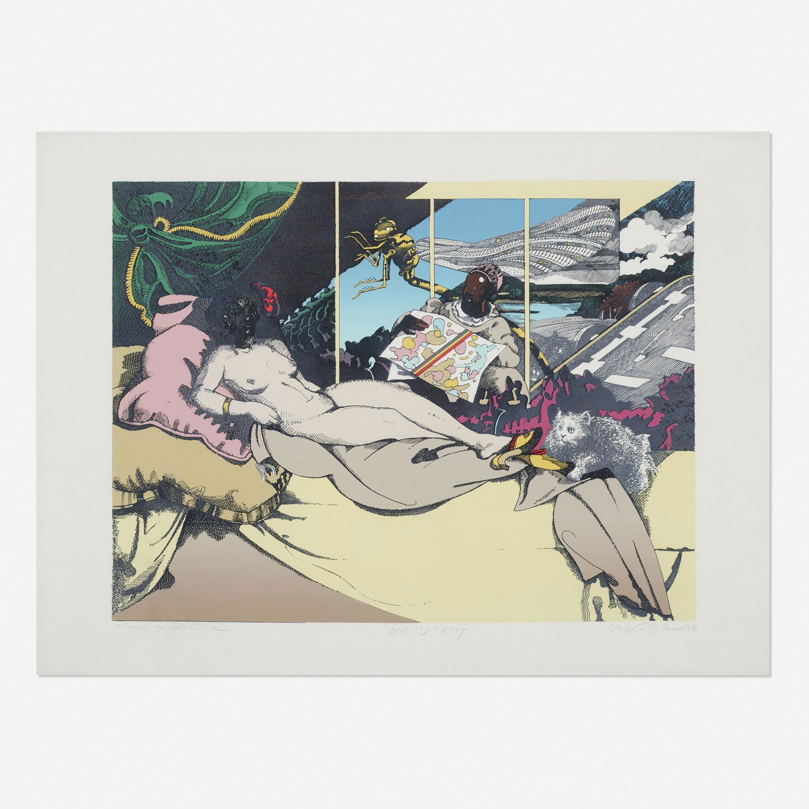 Milton Glaser Olympia and Ollie (after Manet) 1974: Milton Glaser Olympia and Ollie (after Manet) 1974screenprint in colors17.25 h × 23 w in (44 × 58 cm) Sheet measures: 22 h x 29.5 w inches. Signed, titled and numbered to lower ma