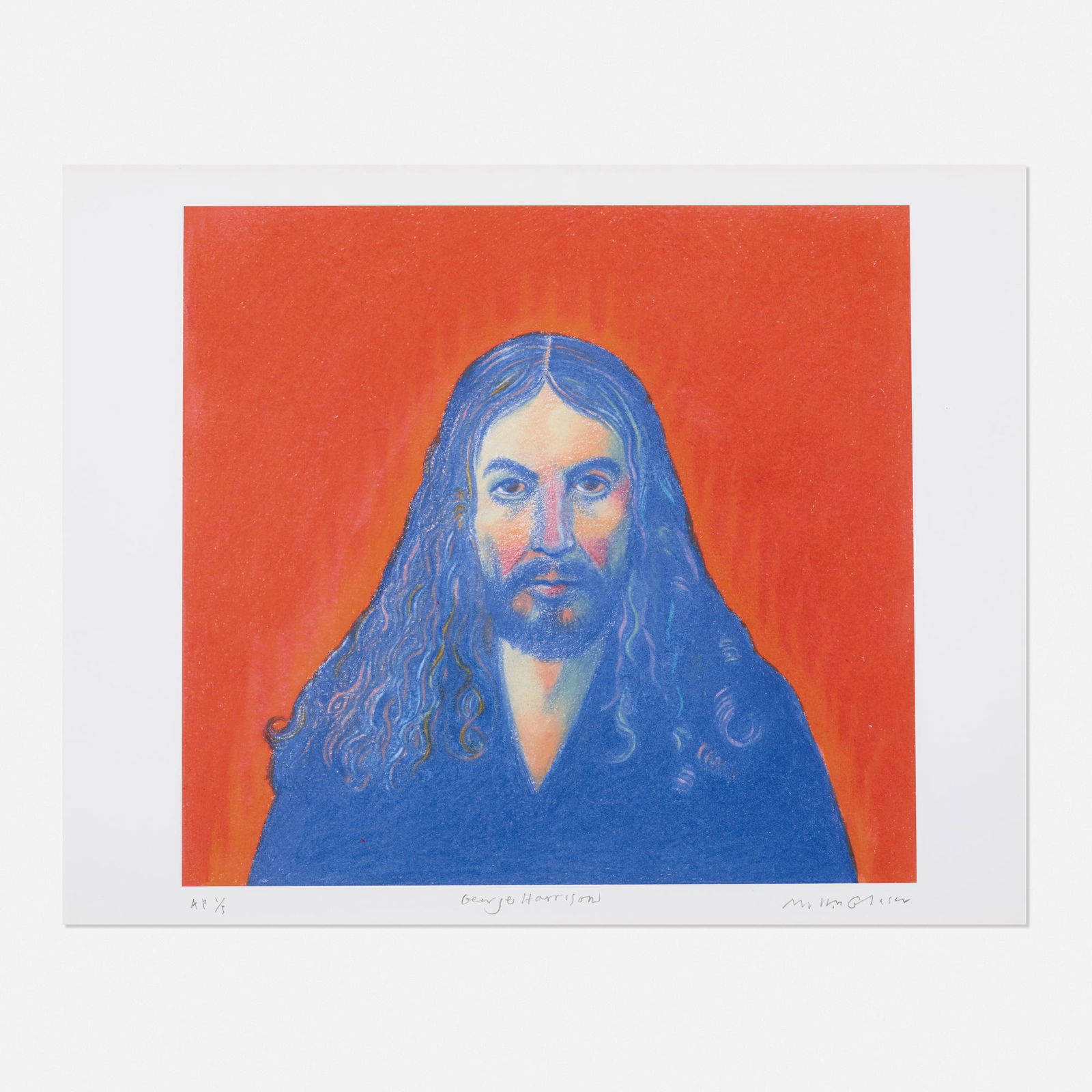 Milton Glaser George Harrison collotype in colors: Milton Glaser George Harrison collotype in colors15 h × 16 w in (38 × 41 cm) Sheet measures: 17 h x 22 w inches. Signed, titled and numbered to lower margin 'AP 1/5 George Harrison Milto