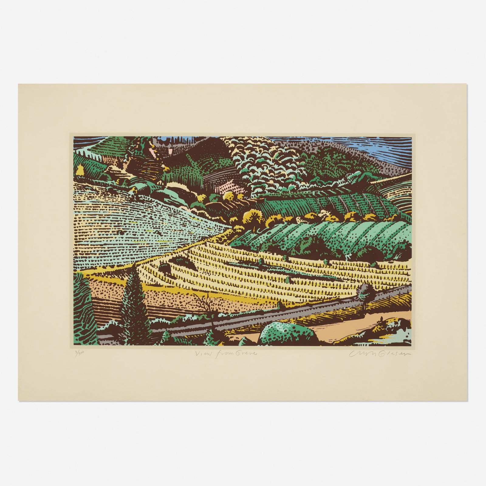 Milton Glaser View from Greve 1989 screenprint in: Milton Glaser View from Greve 1989screenprint in colors16.25 h × 25.75 w in (41 × 65 cm) Sheet measures: 24 h x 33.5 w inches. Signed, titled, and numbered to lower margin '3/300