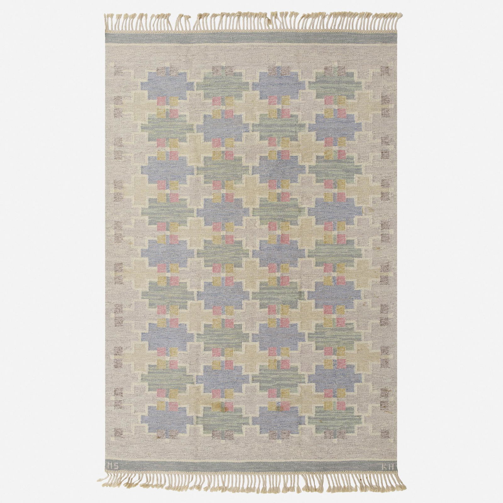 Maj Svanstrom, flatweave carpet: Maj Svanstrom flatweave carpet Klockargarden HemslojdSweden, 3rd quarter 20th centuryhand-woven wool63 w × 96 l in (160 × 244 cm) Woven signature to edge 'MS KH'.