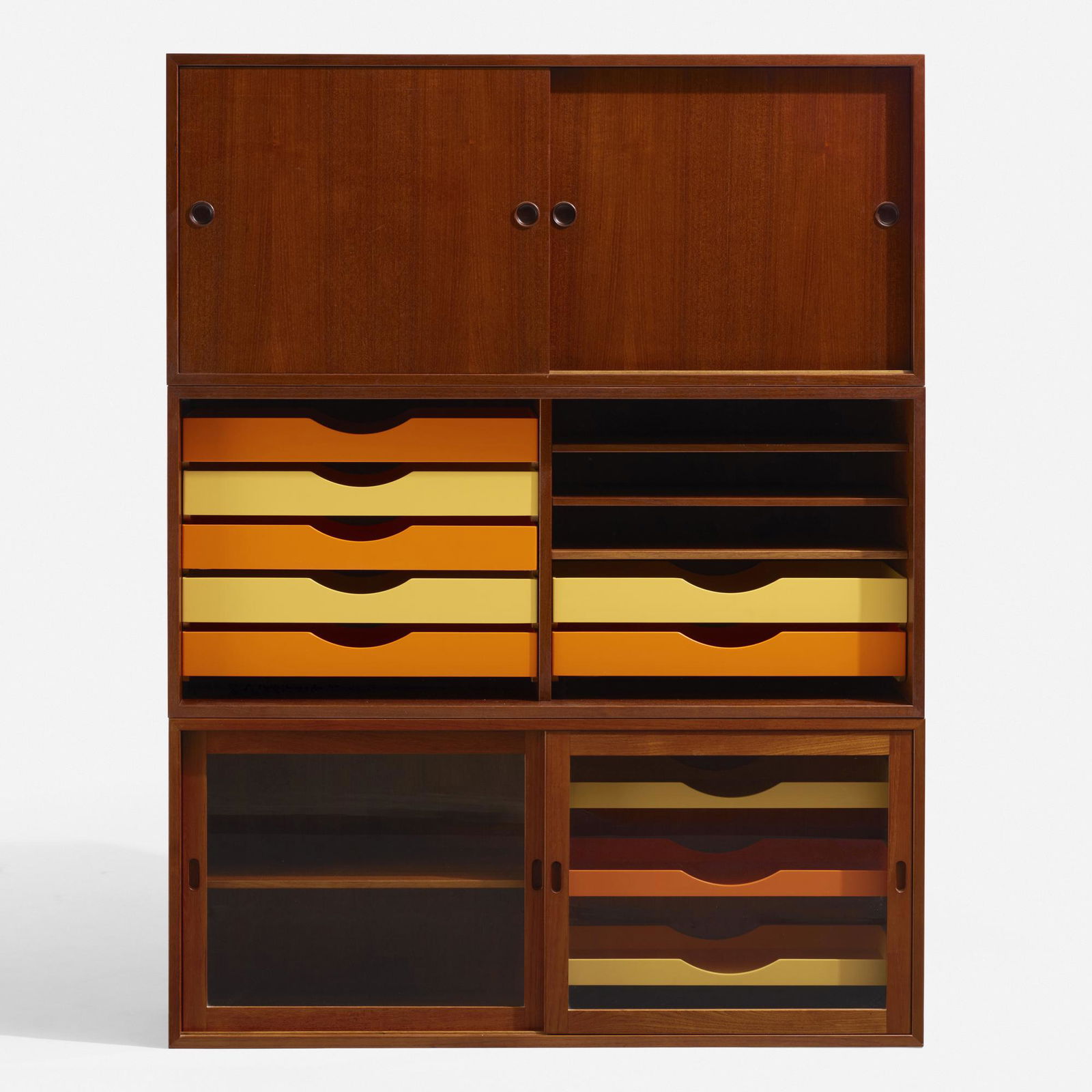 Borge Mogensen, wall-mounted cabinets, set of three: Borge Mogensen wall-mounted cabinets, set of three Karl Andersson & SonerDenmark / Sweden, c. 1955teak, lacquered wood, glass53 w × 14.25 d × 23.5 h in (135 × 36 × 60 cm)