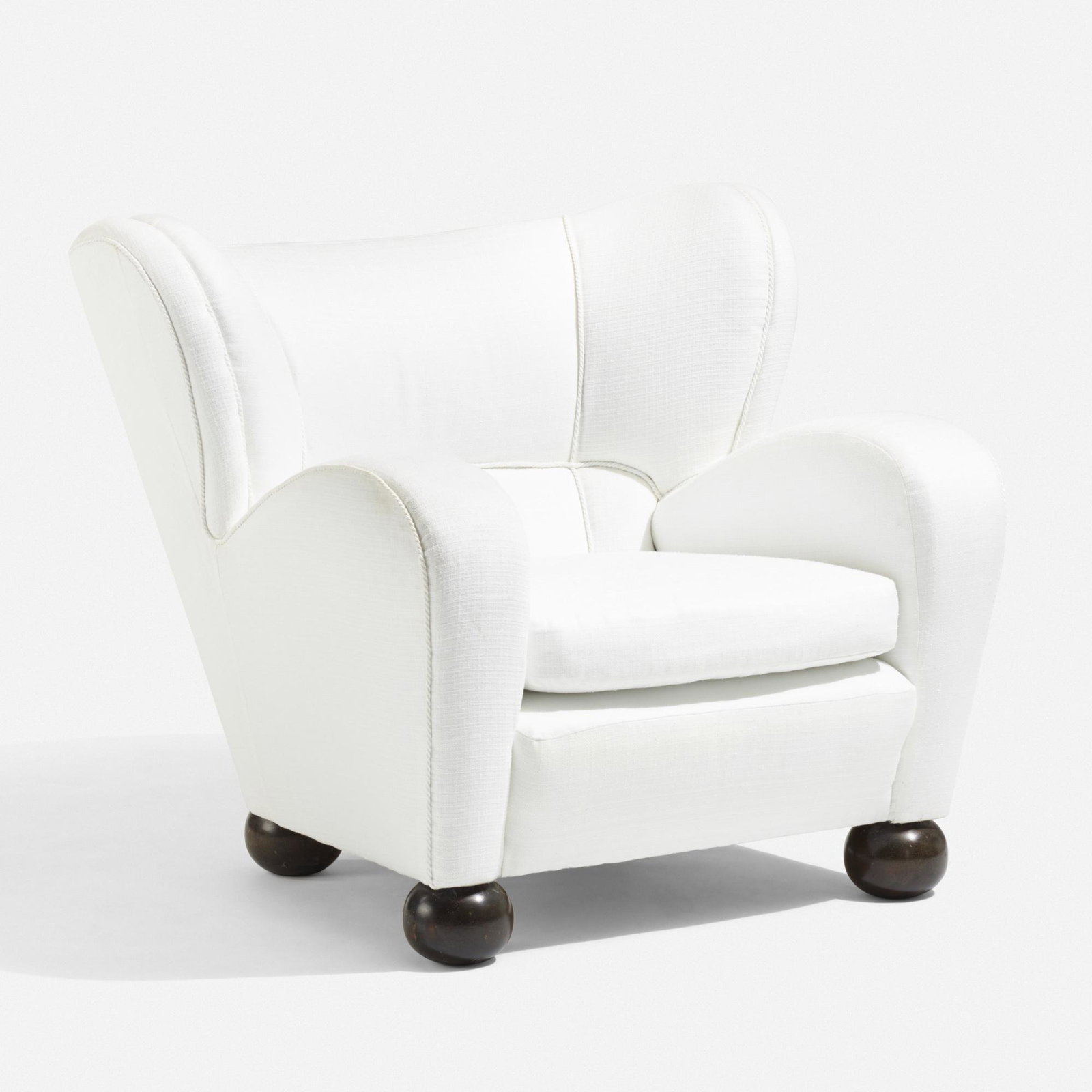 Marta Blomstedt, lounge chair from Hotel Aulanko: Marta Blomstedt lounge chair from Hotel Aulanko, Hameenlinna Finland, 1939 upholstery, lacquered wood 41 w × 36 d × 34.5 h in (104 × 91 × 88 cm) Provenance: