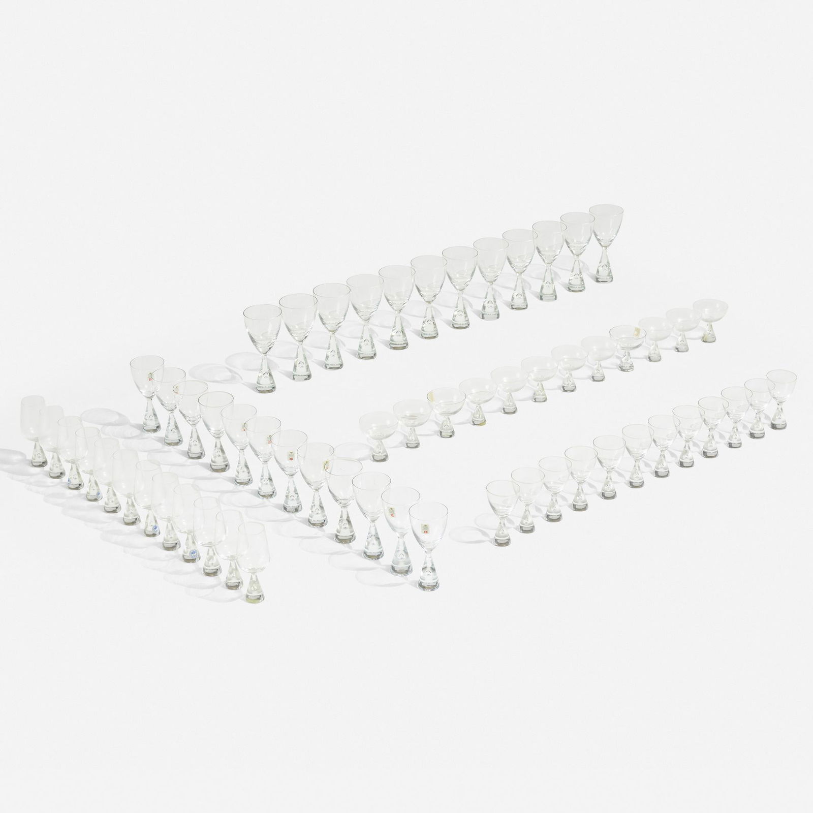 Bent Severin, Princess glassware: Bent Severin Princess glassware Kastrup-HolmegaardDenmark, 1957glass Set includes twelve red wine glasses, twelve white wine glasses, twelve cocktail glasses, twelve port wine glasses and twelve