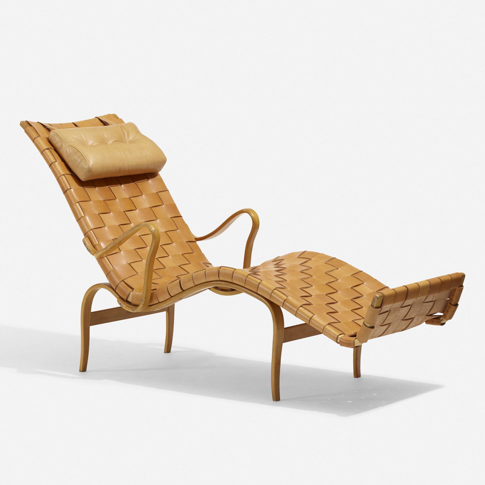Bruno Mathsson, Pernilla 3 lounge chair: Bruno Mathsson Pernilla 3 lounge chair Firma Karl MathssonSweden, 1942leather, beech68 w × 25 d × 37.75 h in (173 × 63 × 96 cm) Branded manufacturer's mark to revers