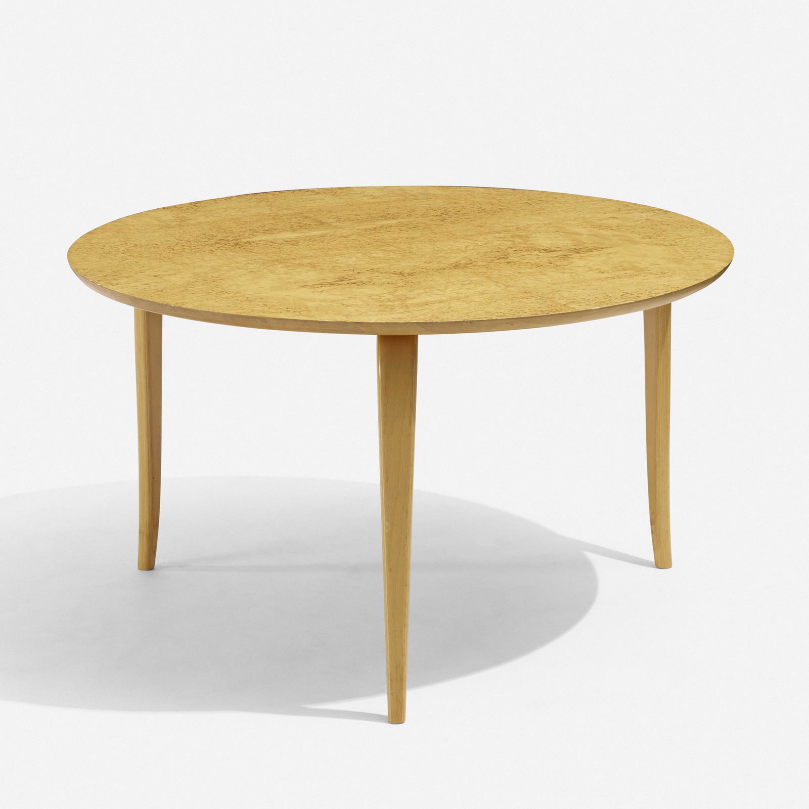 Bruno Mathsson, occasional table: Bruno Mathsson occasional table DUXSweden, c. 1936 / c. 1970bird's-eye maple, laminated beech37 dia × 21.75 h in (94 × 55 cm) Branded manufacturer's mark to underside 'Bruno Mat