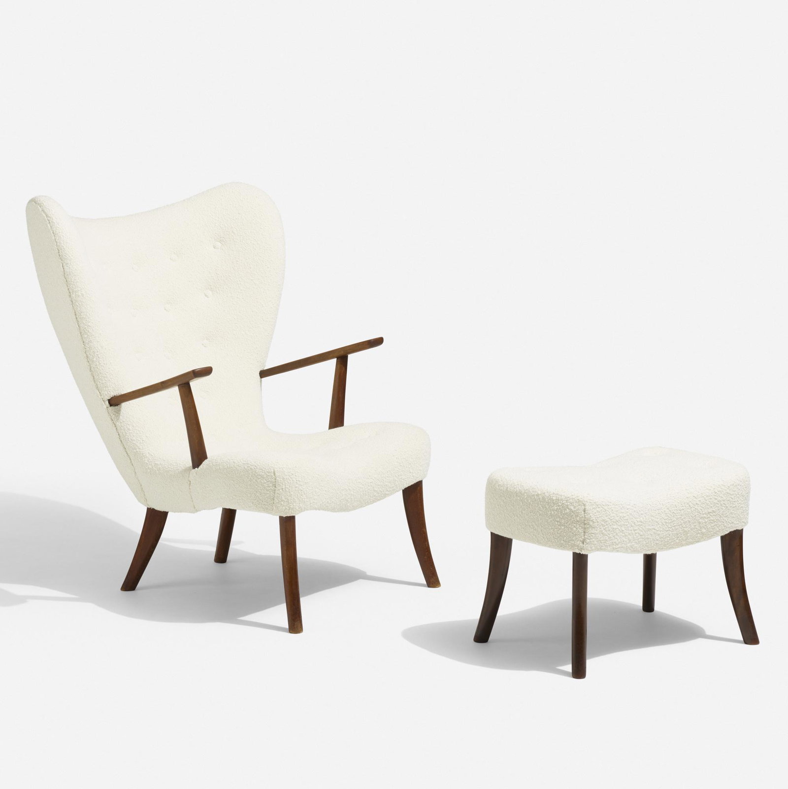 Acton Schubel and Ib Madsen, lounge chair and ottoman: Acton Schubel and Ib Madsen lounge chair and ottoman Madsen & Schubell Denmark, c. 1950 upholstery, stained beech 33 w × 36 d × 40 h in (84 × 91 × 102 cm) Ottoman measu