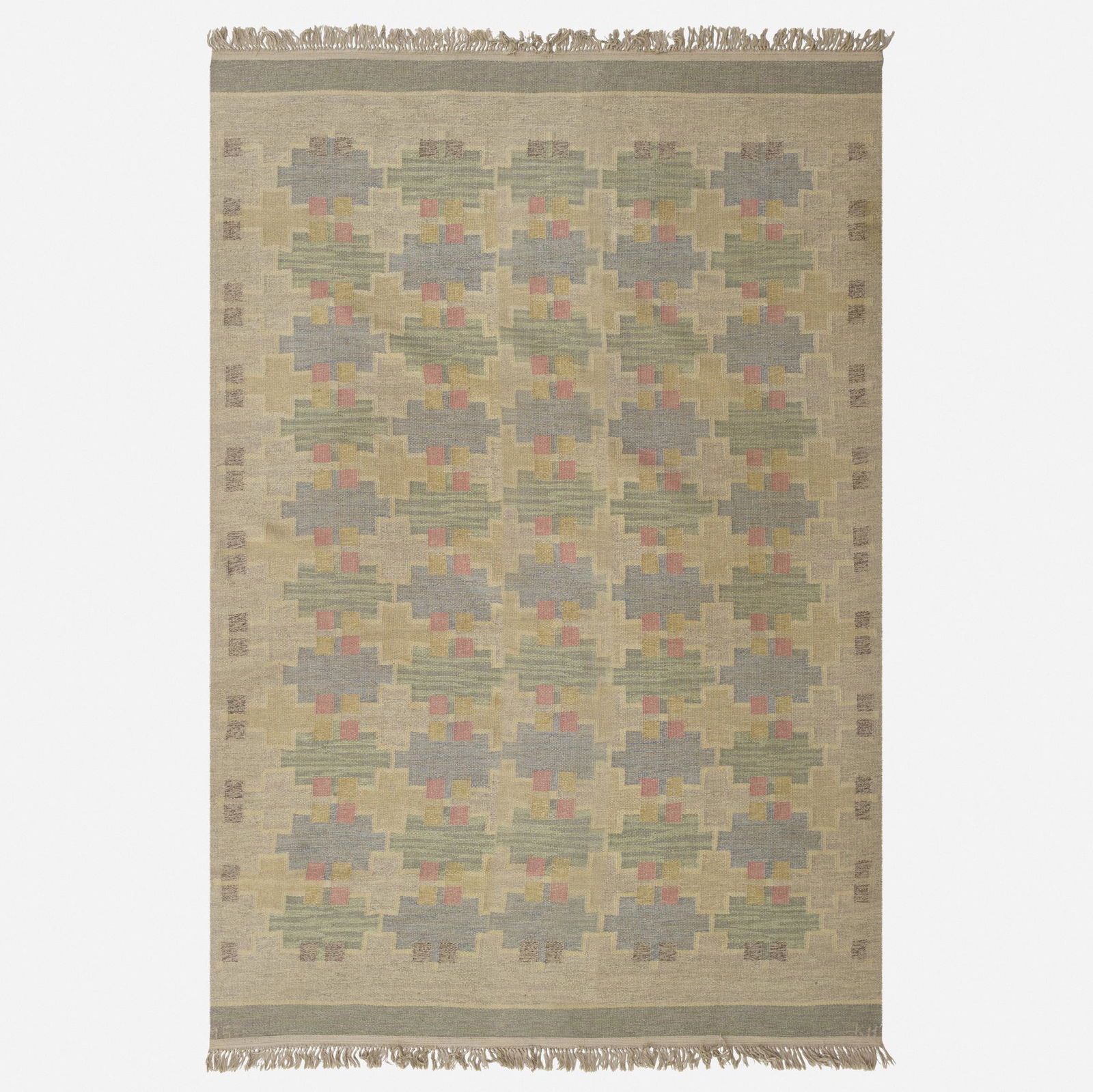 Maj Svanstrom, flatweave carpet: Maj Svanstrom flatweave carpet Klockargarden HemslojdSweden, c. 1940hand-woven wool75 w × 105 l in (190 × 267 cm) Woven signature to edge 'MS KH'.
