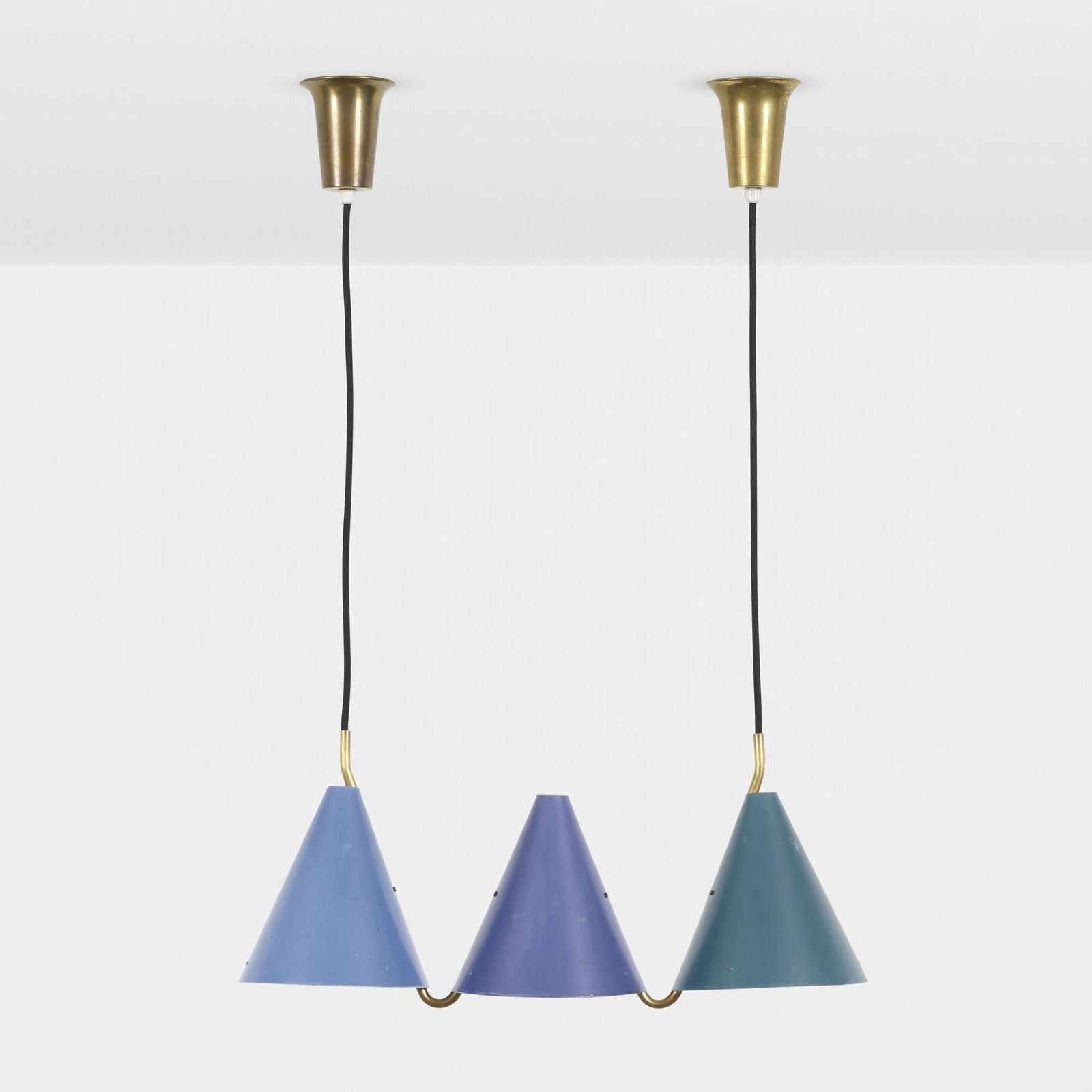 Svend Aage Holm Sorensen, hanging lamp: Svend Aage Holm Sorensen hanging lamp LyfaDenmark, c. 1955enameled aluminum, brass22.5 w × 7 d × 10 h in (57 × 18 × 25 cm)