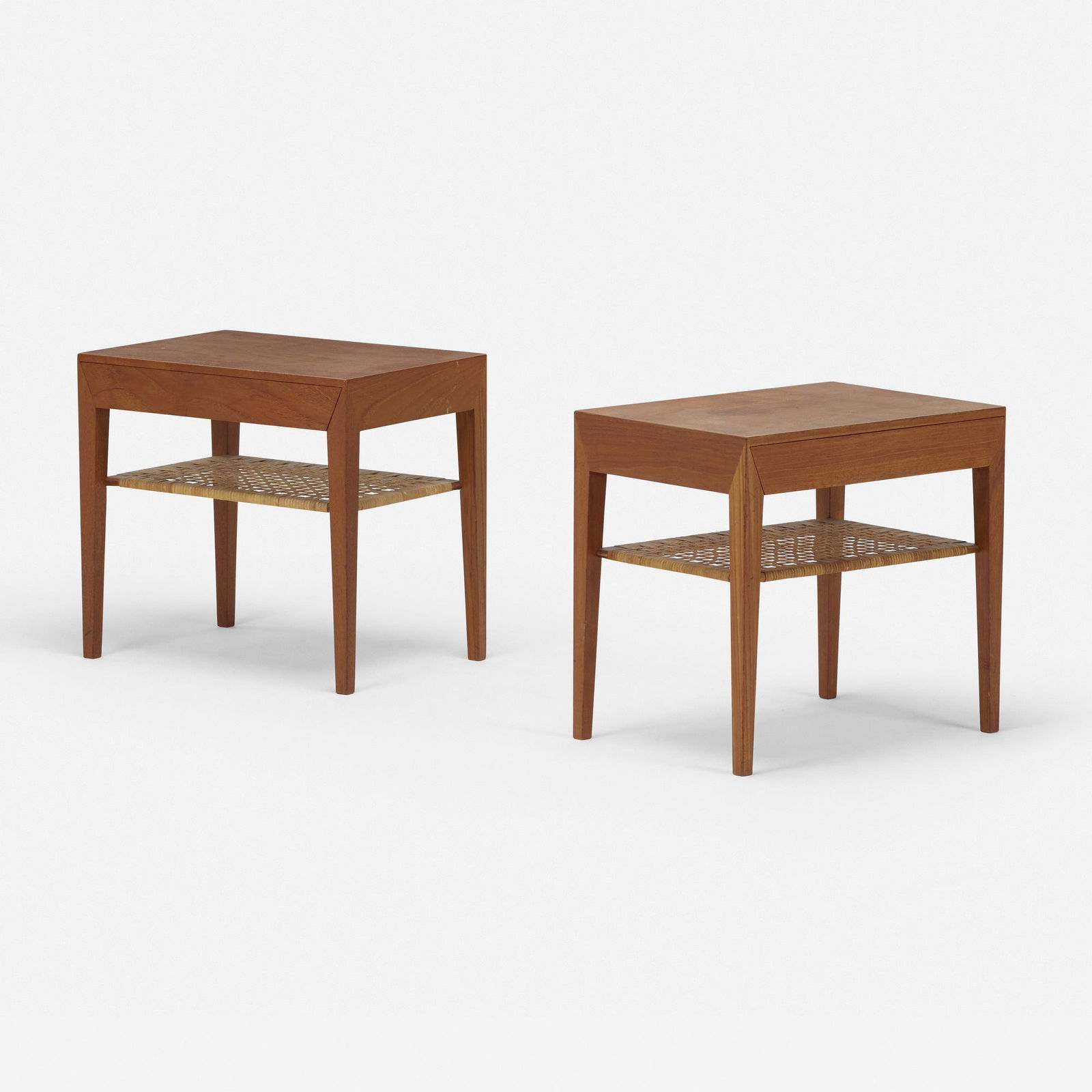 Severin Hansen Jr., nightstands, pair: Severin Hansen Jr. nightstands, pair Haslev Mobelsnedkeri A/SDenmark, c. 1965teak, rattan18 h × 19.5 w × 13.75 d in (46 × 50 × 35 cm) Each nightstand features a sing