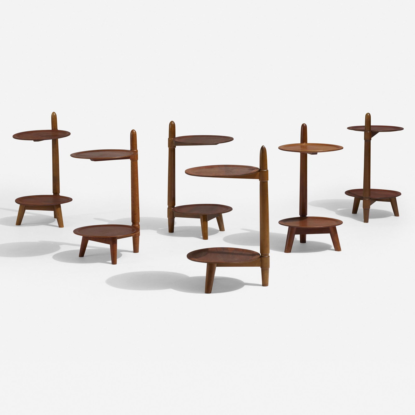Edmund Jorgensen, tables, set of six: Edmund Jorgensen tables, set of six Denmark, c. 1955 beech, teak plywood, oak 12.5 w × 14 d × 24 h in (32 × 36 × 61 cm) Impressed mark to underside of each example 'Patent A