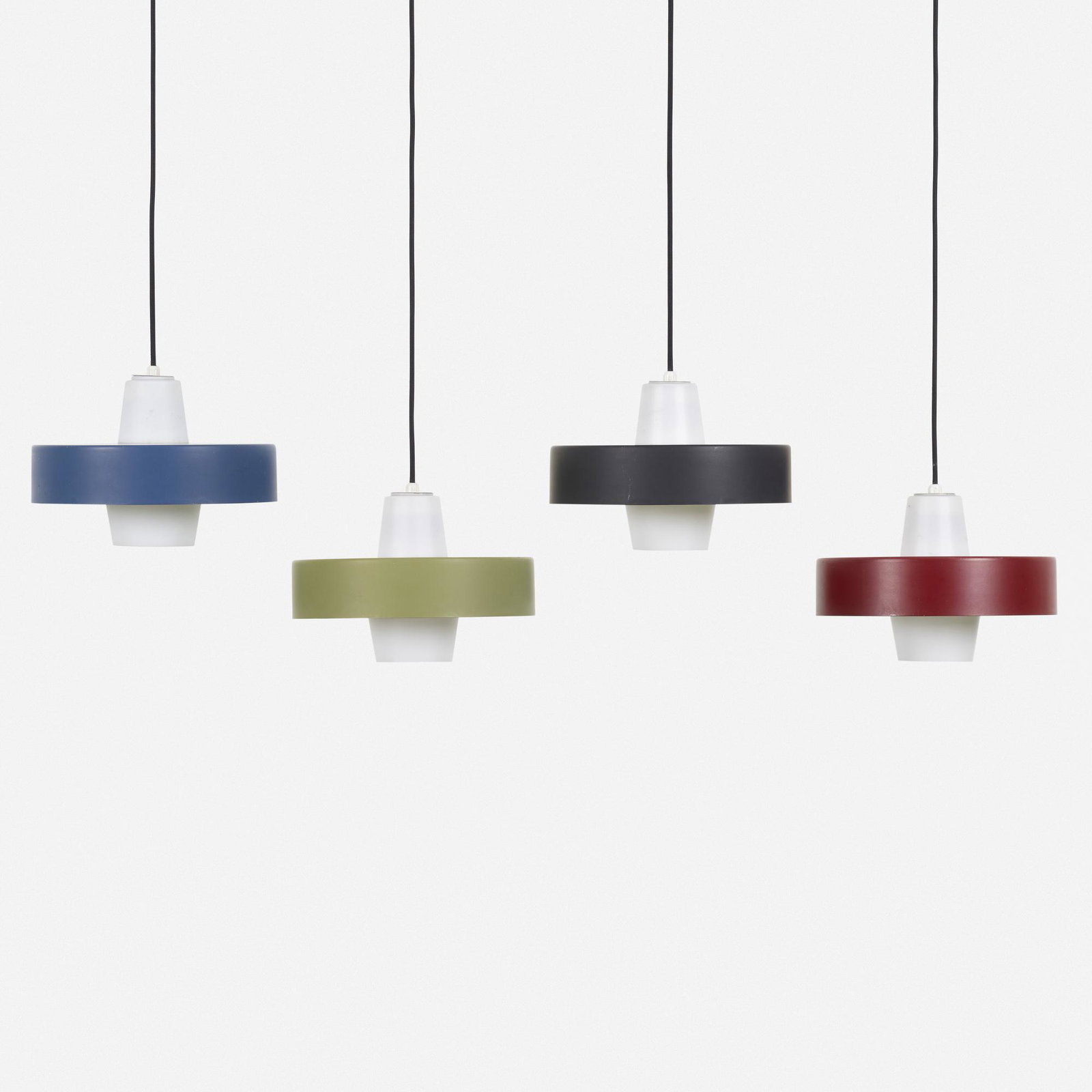 Voss Belysning, hanging lamps, set of four: Voss Belysning hanging lamps, set of four Denmark, c. 1955 enameled steel, frosted glass 11.5 dia × 8.5 h in (29 × 22 cm) Decal manufacturer's label to three examples 'En Voss Belysning