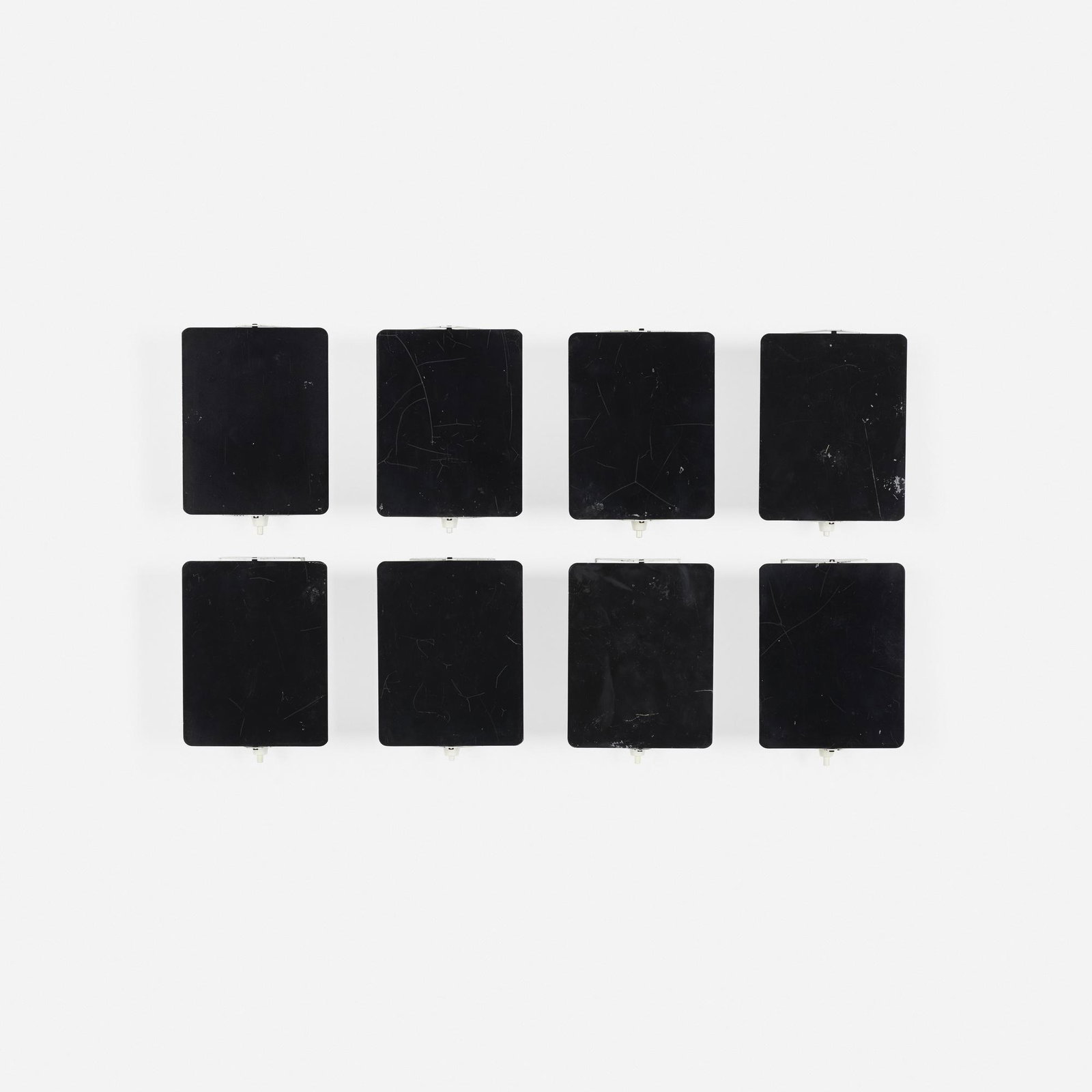 Charlotte Perriand, wall sconces, set of eight: Charlotte Perriand wall sconces, set of eight Galerie Steph Simon France, 1963 enameled steel 7 h × 5 w × 2.75 d in (18 × 13 × 7 cm) Applied foil manufacturer's label t