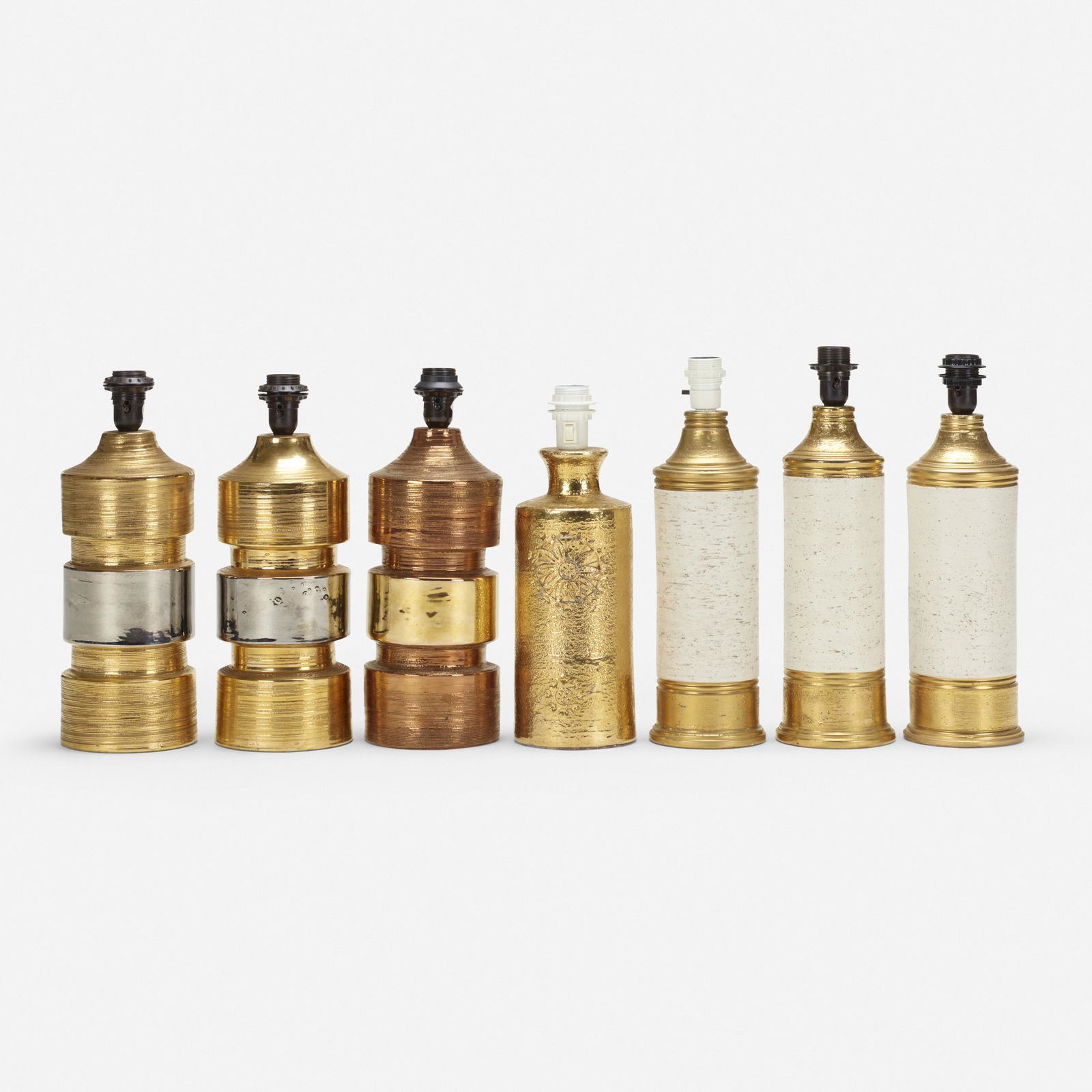 Bergboms, collection of seven table lamps: Bergboms collection of seven table lamps Sweden, c. 1970glazed earthenware, plastic18 h × 5 dia in (46 × 13 cm) Decal manufacturer's label to underside of five examples 'Bergboms'.