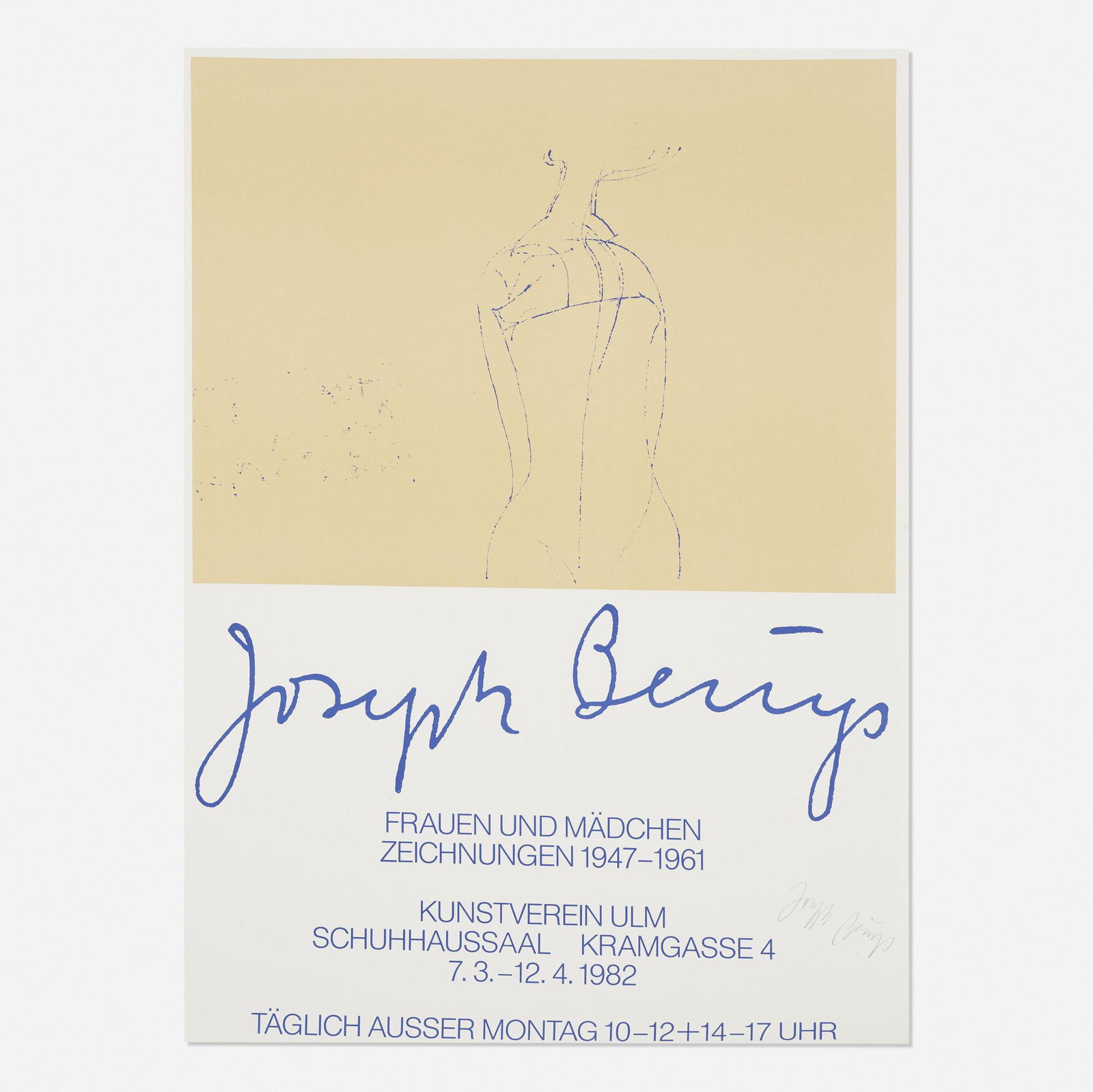Joseph Beuys, Frauen und Madchen exhibition poster: Joseph Beuys Frauen und Madchen exhibition poster 1982offset lithograph in colors27 h × 19.25 w in (69 × 49 cm) Signed to lower right 'Joseph Beuys'.
