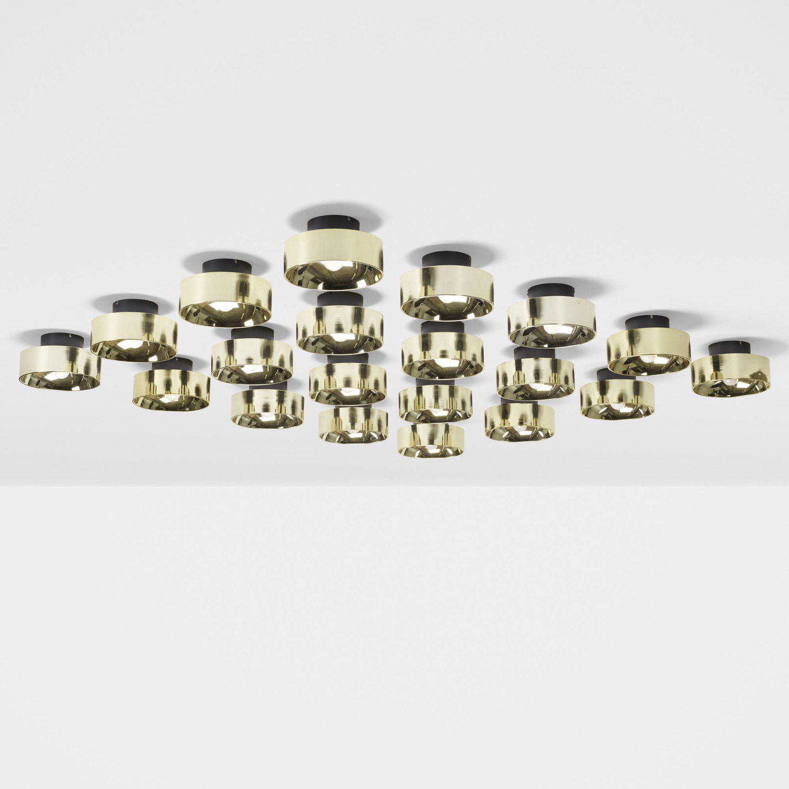 Falkenbergs Belysning, ceiling lamps, set of twenty: Falkenbergs Belysning ceiling lamps, set of twenty Sweden, c. 1965 enameled aluminum, steel 11.5 dia × 6.5 h in (29 × 17 cm) Lamps can be installed on the ceiling or wall. Impressed man