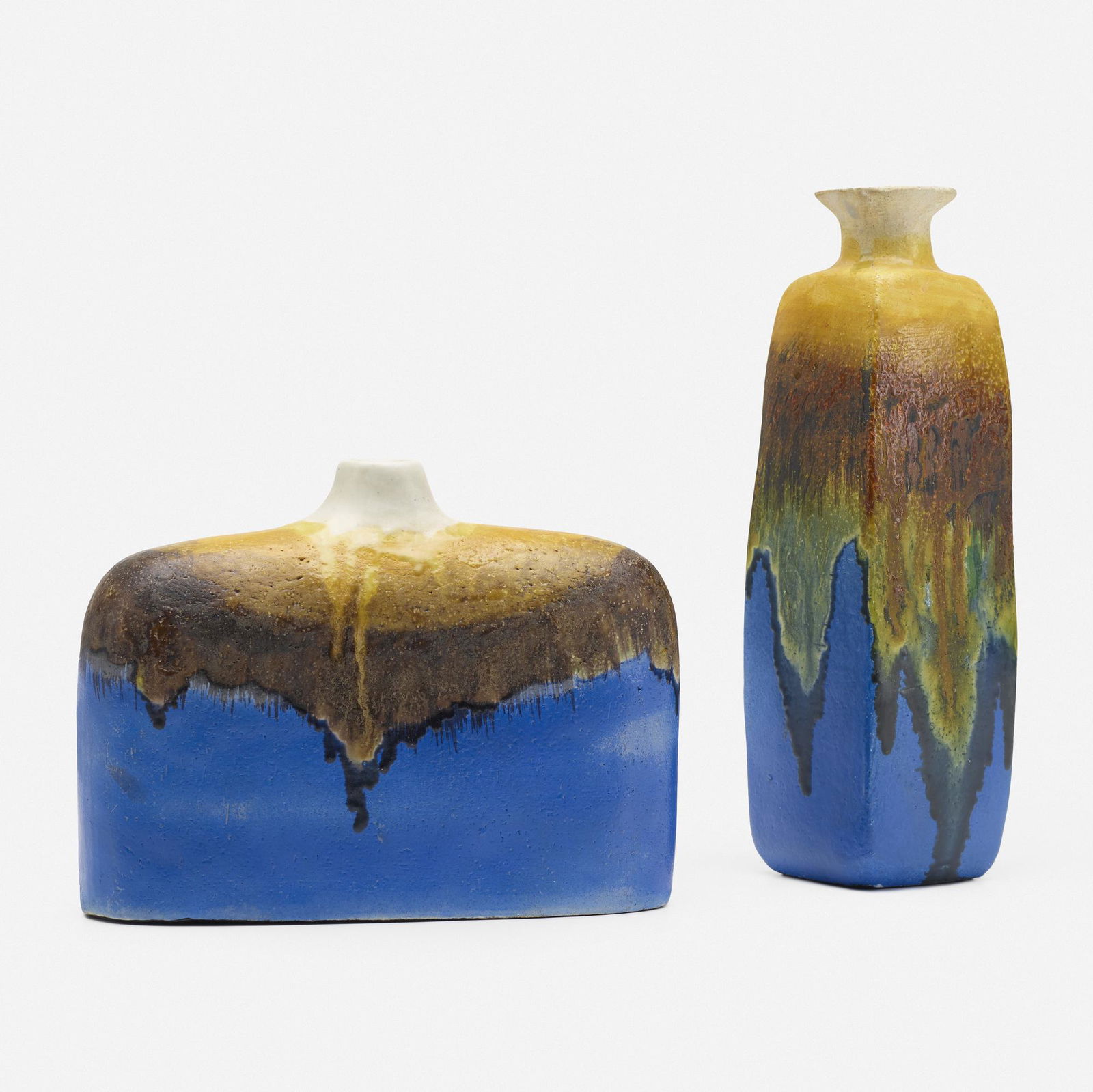Marcello Fantoni, vases, set of two: Marcello Fantoni vases, set of two RaymorItaly / USA, c. 1960glazed stoneware3.5 w × 3.5 d × 11 h in (9 × 9 × 28 cm) Additional example measures: 9 w x 3 d x 6.75 h