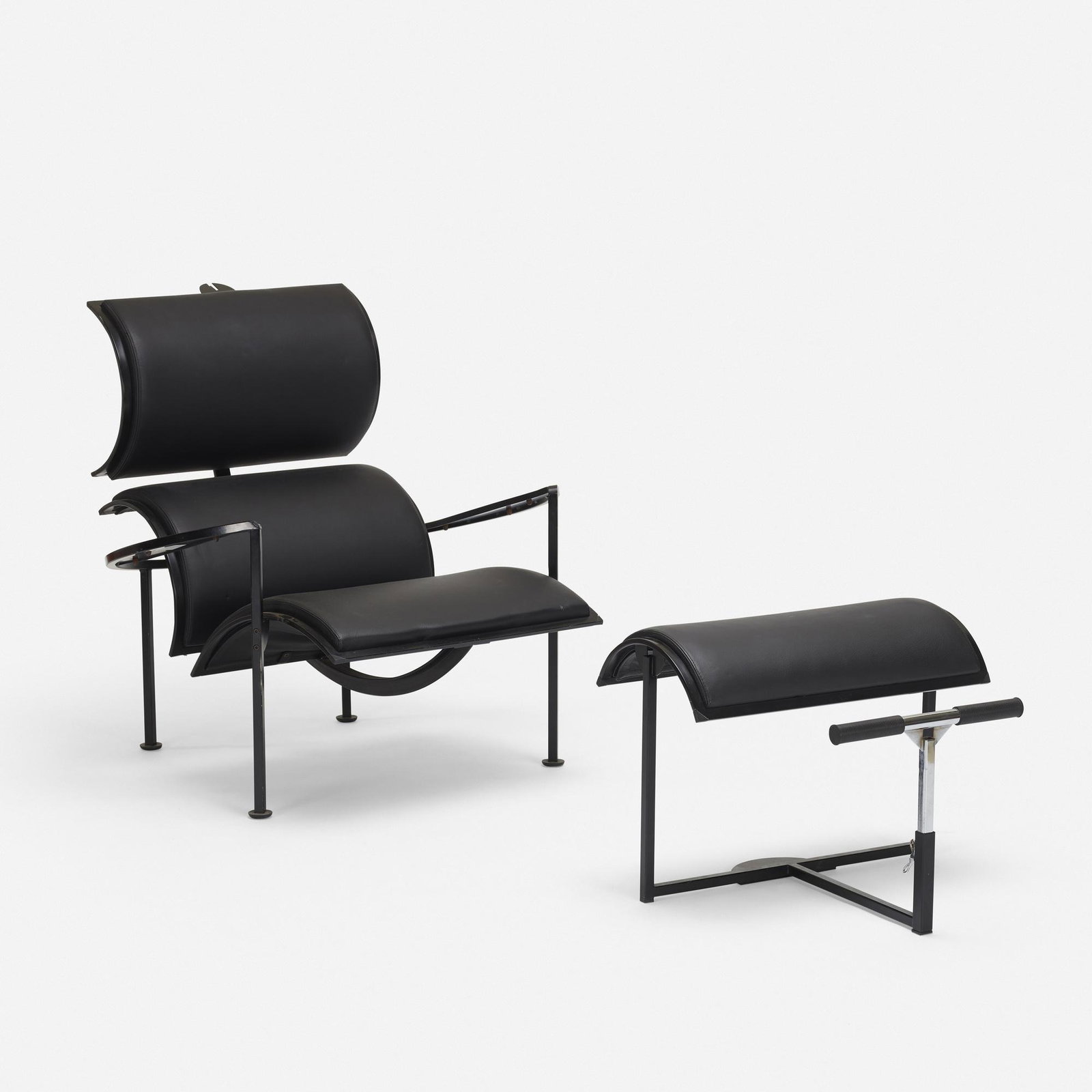 Carlo Forcolini, Signora Chan lounge chair and ottoman: Carlo Forcolini Signora Chan lounge chair and ottoman AliasItaly, 1986enameled steel, leather, chrome-plated steel36 h × 35.25 w × 36 d in (91 × 90 × 91 cm) Ottoman