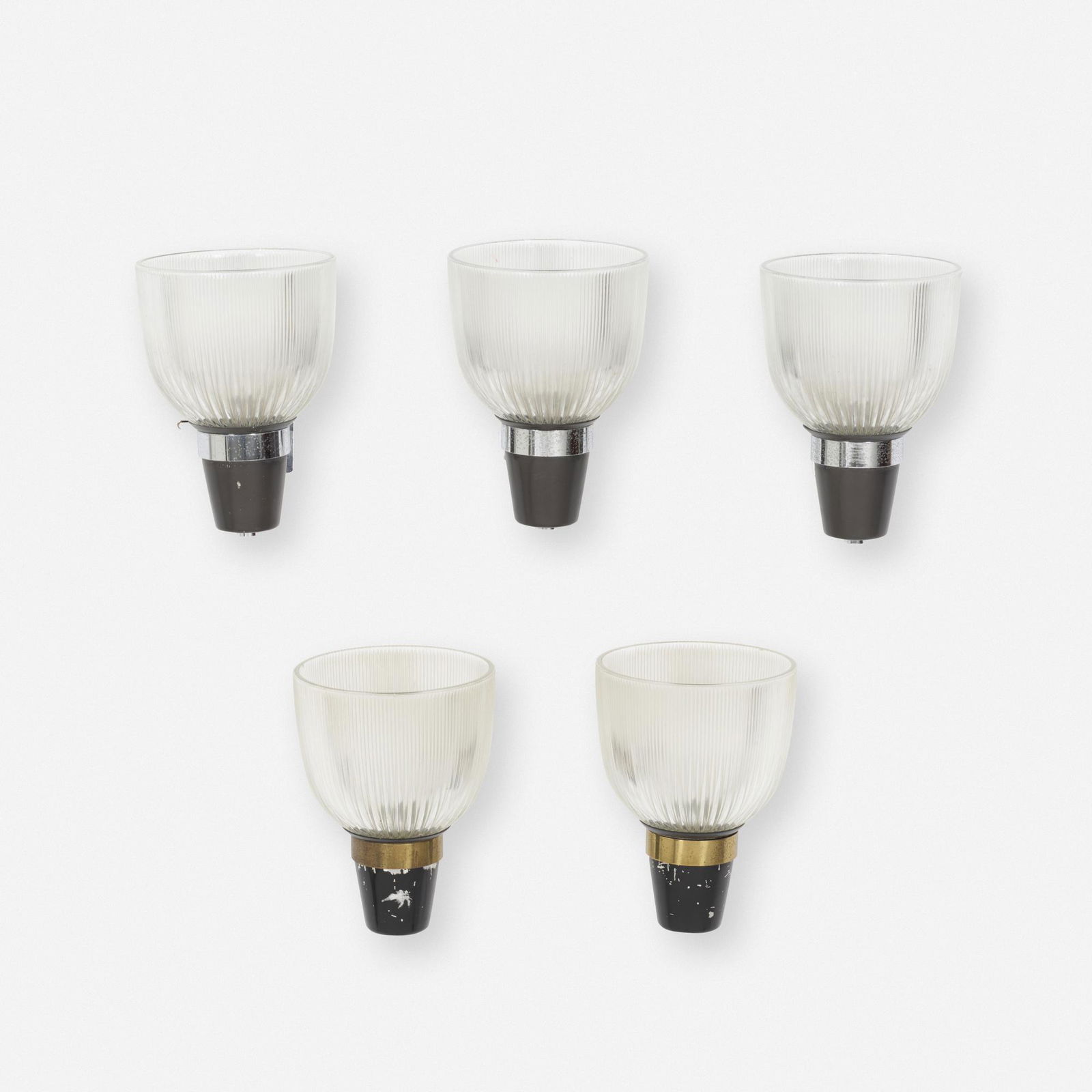 Ignazio Gardella, sconces model LP5, set of five: Ignazio Gardella sconces model LP5, set of five AzucenaItaly, c. 1955glass, enameled aluminum, chrome-plated brass, brass8.5 h × 6.5 w × 7 d in (22 × 17 × 18 cm)