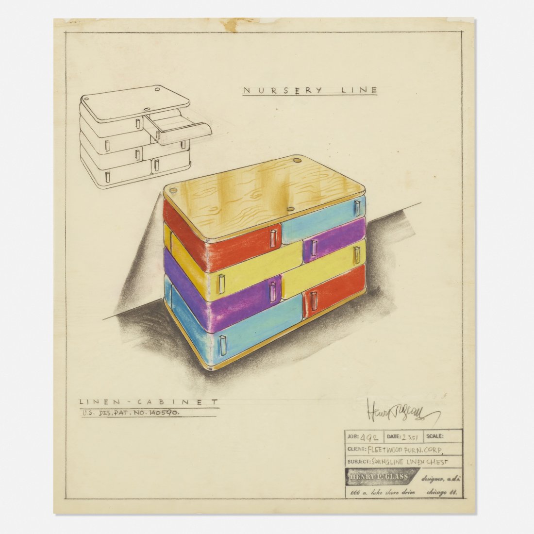 Henry P. Glass, drawing for Swingline linen chest: Henry P. Glass patent drawing for Swingline linen chest USA, 1951graphite, colored pencil and pastel on vellum16.5 h × 13.75 w in (42 × 35 cm) Signed and dated to lower right 'Henry P. Glass 2.3.