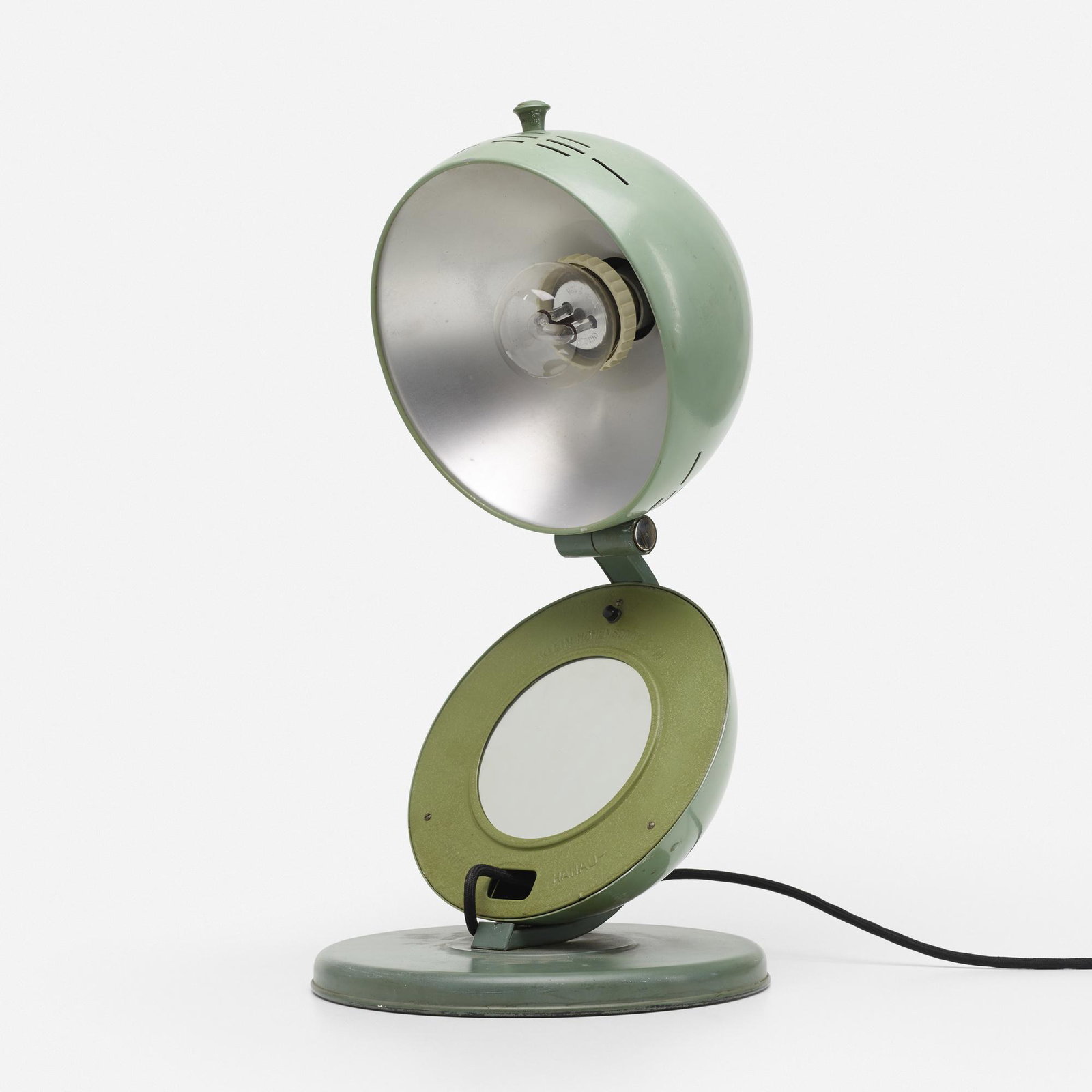 Hanau, sunlamp: Hanau sunlamp Germany, c. 1935 enameled steel, enameled aluminum, painted Bakelite 11 h × 11 dia in (28 × 28 cm) Embossed manufacturer's mark to shade interior 'Klein-Hohensonne S100 Or