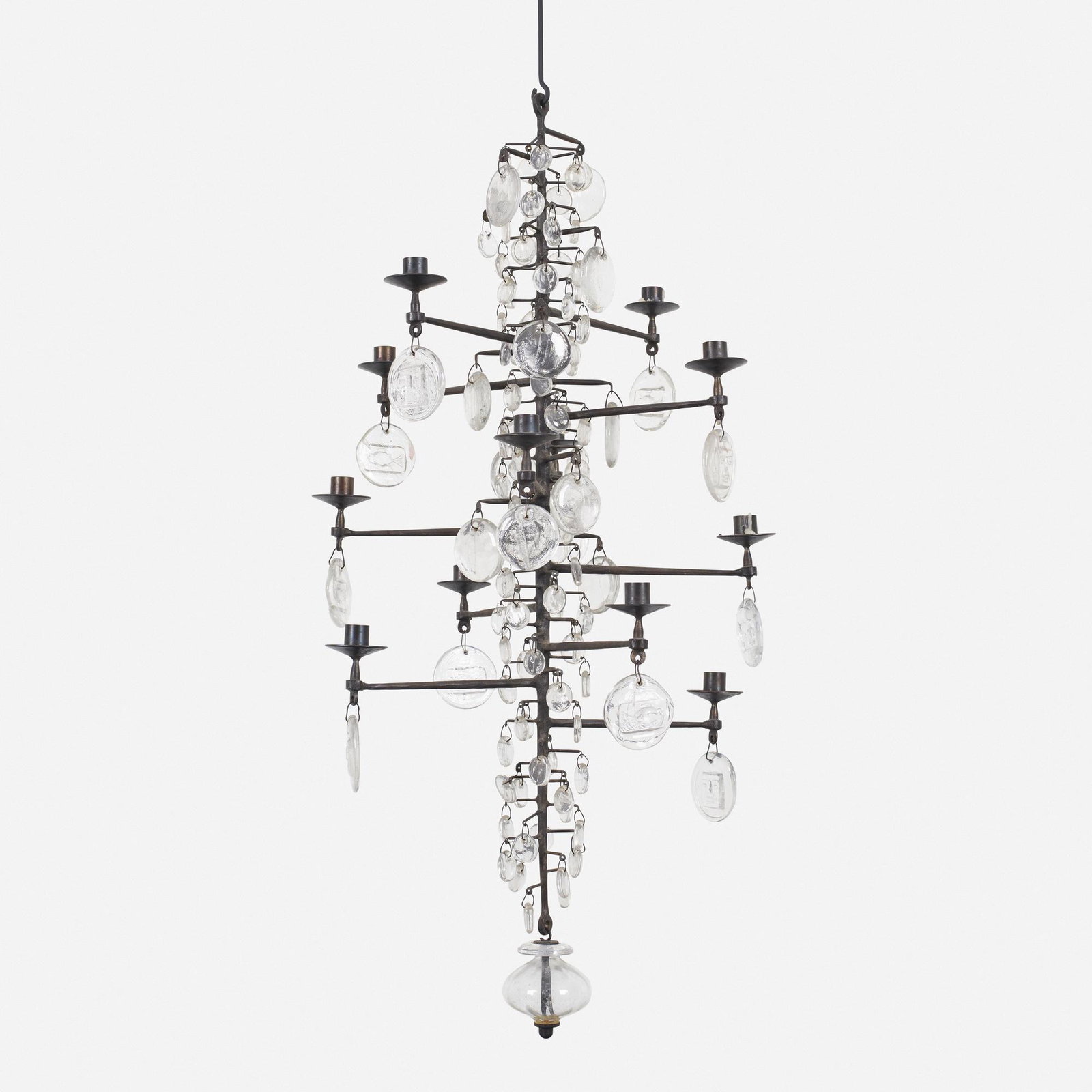 Erik Hoglund, chandelier: Erik Hoglund chandelier Boda Glasbruk/Boda Smide Sweden, 1957 wrought iron, glass 19.5 dia × 39.5 h in (50 × 100 cm) Sold with two extension hooks that add 12 inches to overall len