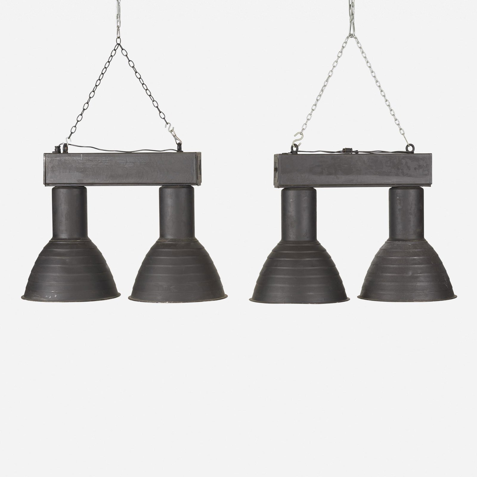 Industrial, ceiling lights, pair: Industrial ceiling lights, pair c. 1980 enameled steel 37.5 w × 17.5 d × 28 h in (95 × 44 × 71 cm)