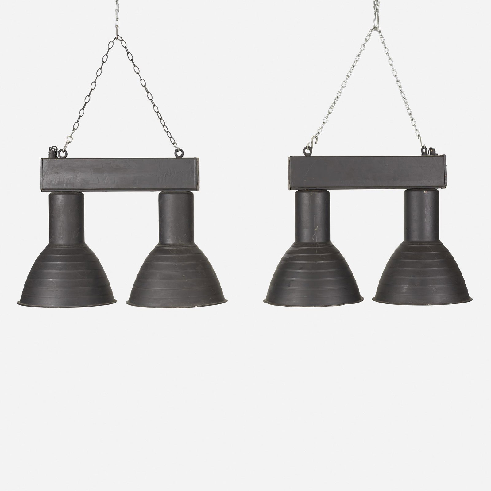 Industrial, ceiling lights, pair: Industrial ceiling lights, pair c. 1980 enameled steel 37.5 w × 17.5 d × 28 h in (95 × 44 × 71 cm)