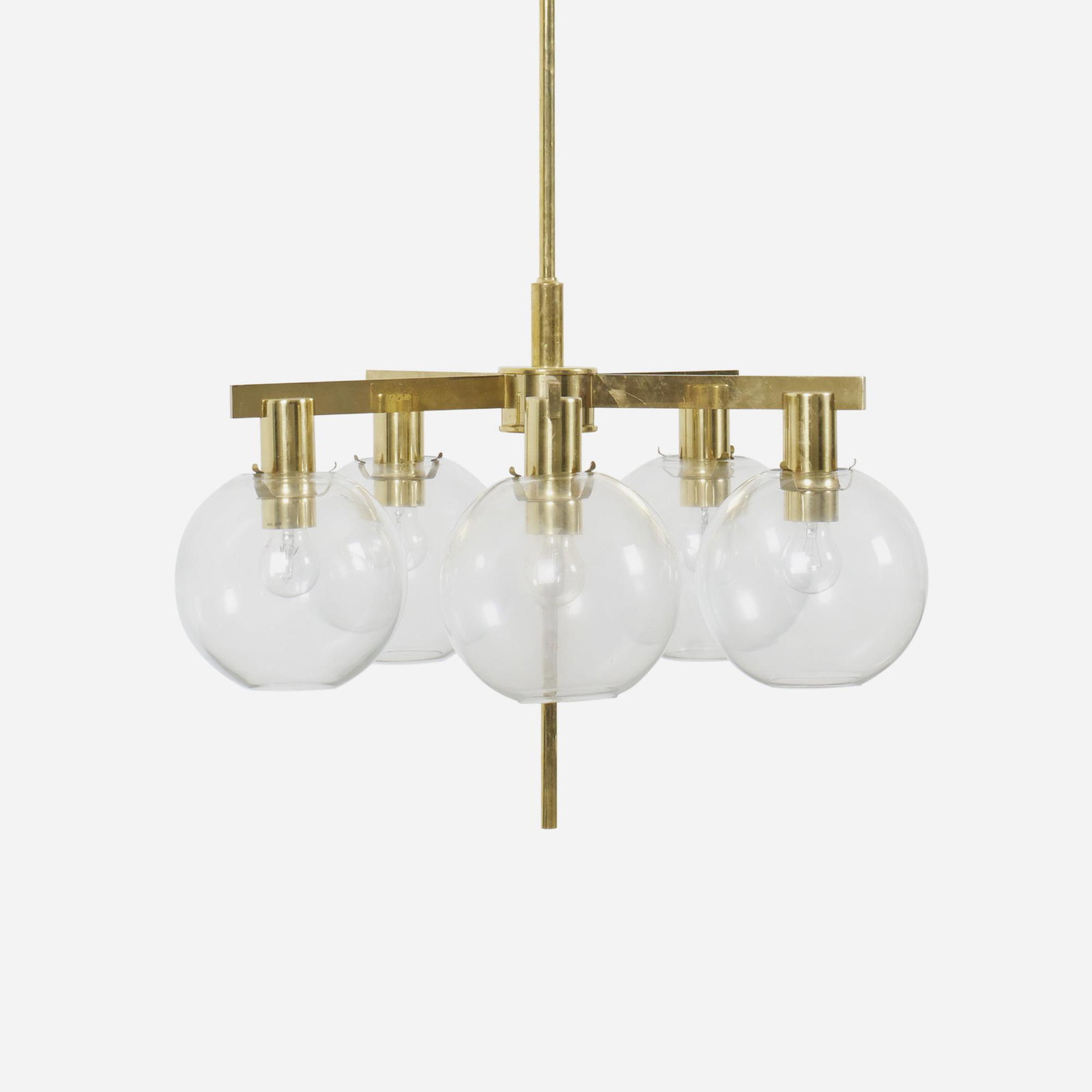 Hans-Agne Jakobsson, Pastoral chandelier, model T 384/5: Hans-Agne Jakobsson Pastoral chandelier, model T 384/5 Hans-Agne Jakobsson AB Sweden, c. 1965 brass, glass 27 dia × 80 h in (69 × 203 cm)