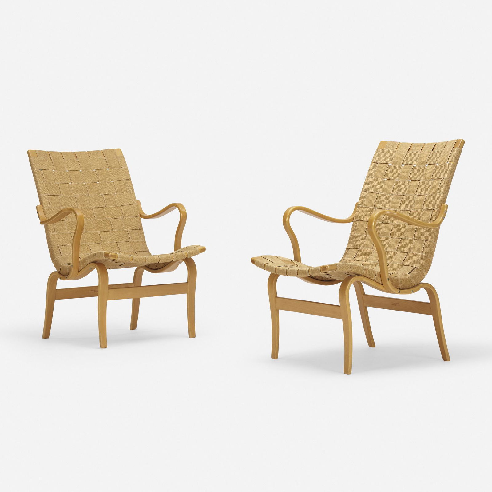 Bruno Mathsson, Eva chairs, pair: Bruno Mathsson Eva chairs, pair Karl MathssonSweden, 1935 / 1977laminated steam-bent beech, canvas webbing23.5 w × 28.5 d × 33 h in (60 × 72 × 84 cm) Branded manufac